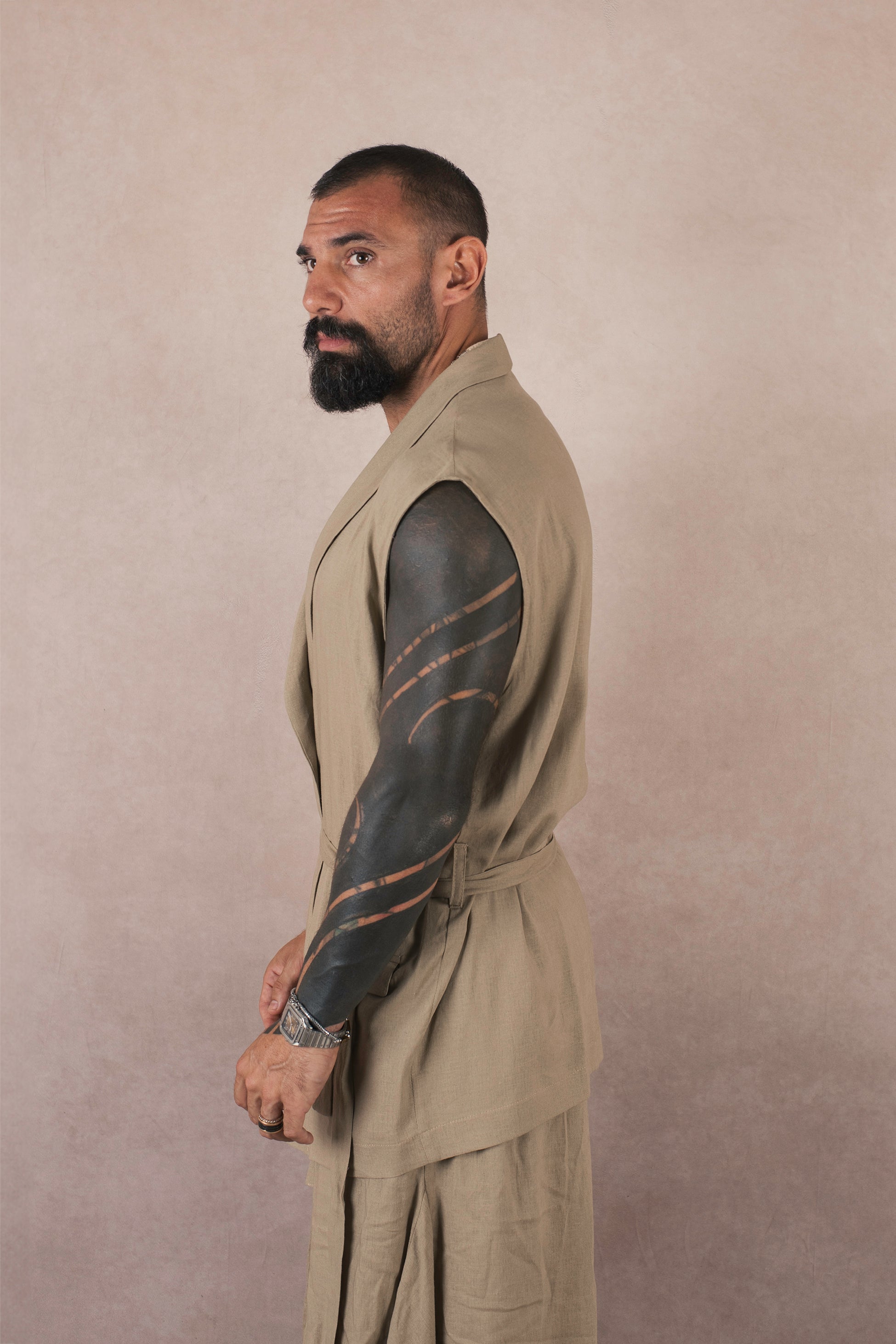 Kimono Smanicato In Lino Khaki