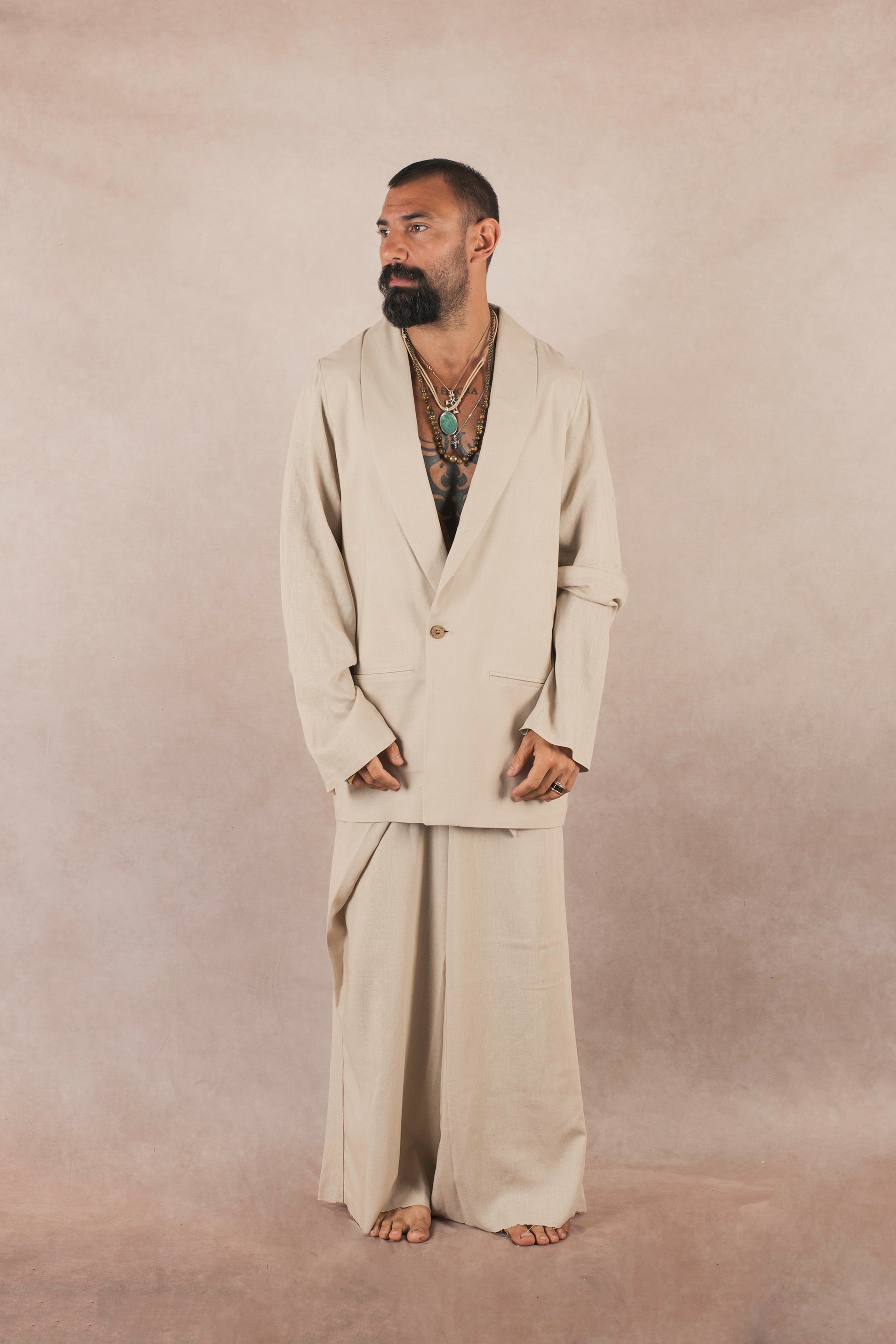 Giacca Monopetto In Lino Beige