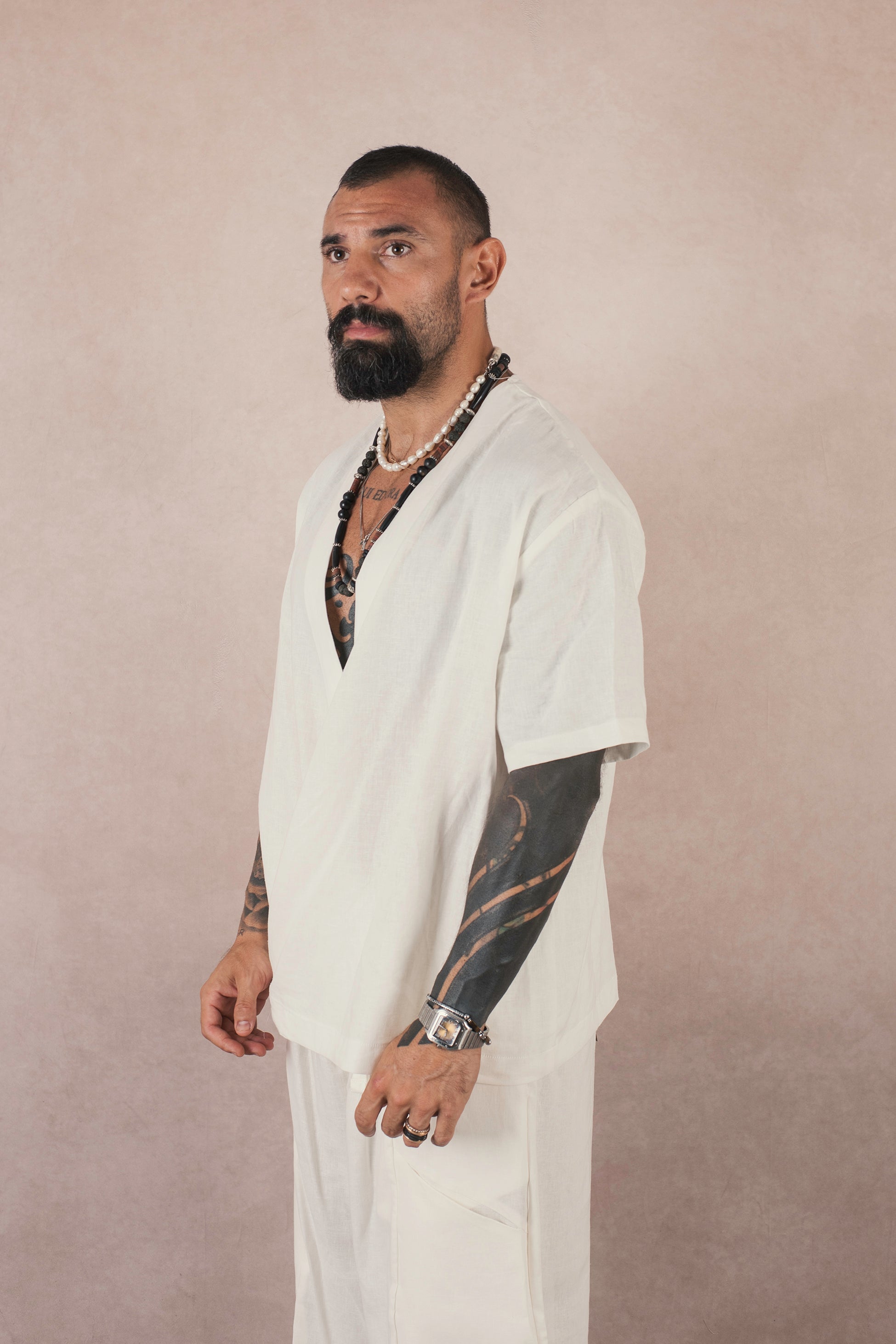 Camicia Incrocio In Lino Bianco