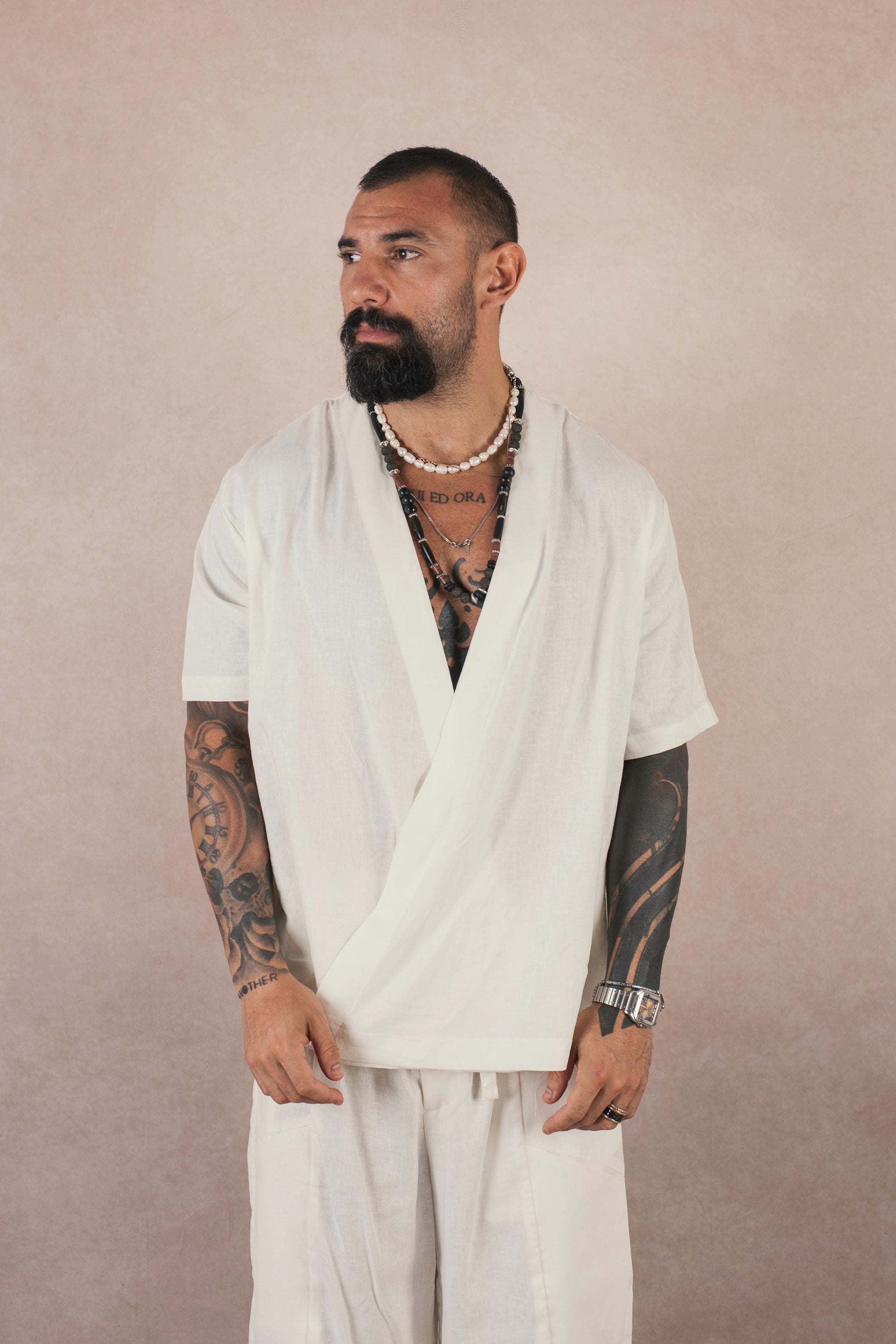 Camicia Incrocio In Lino Bianco