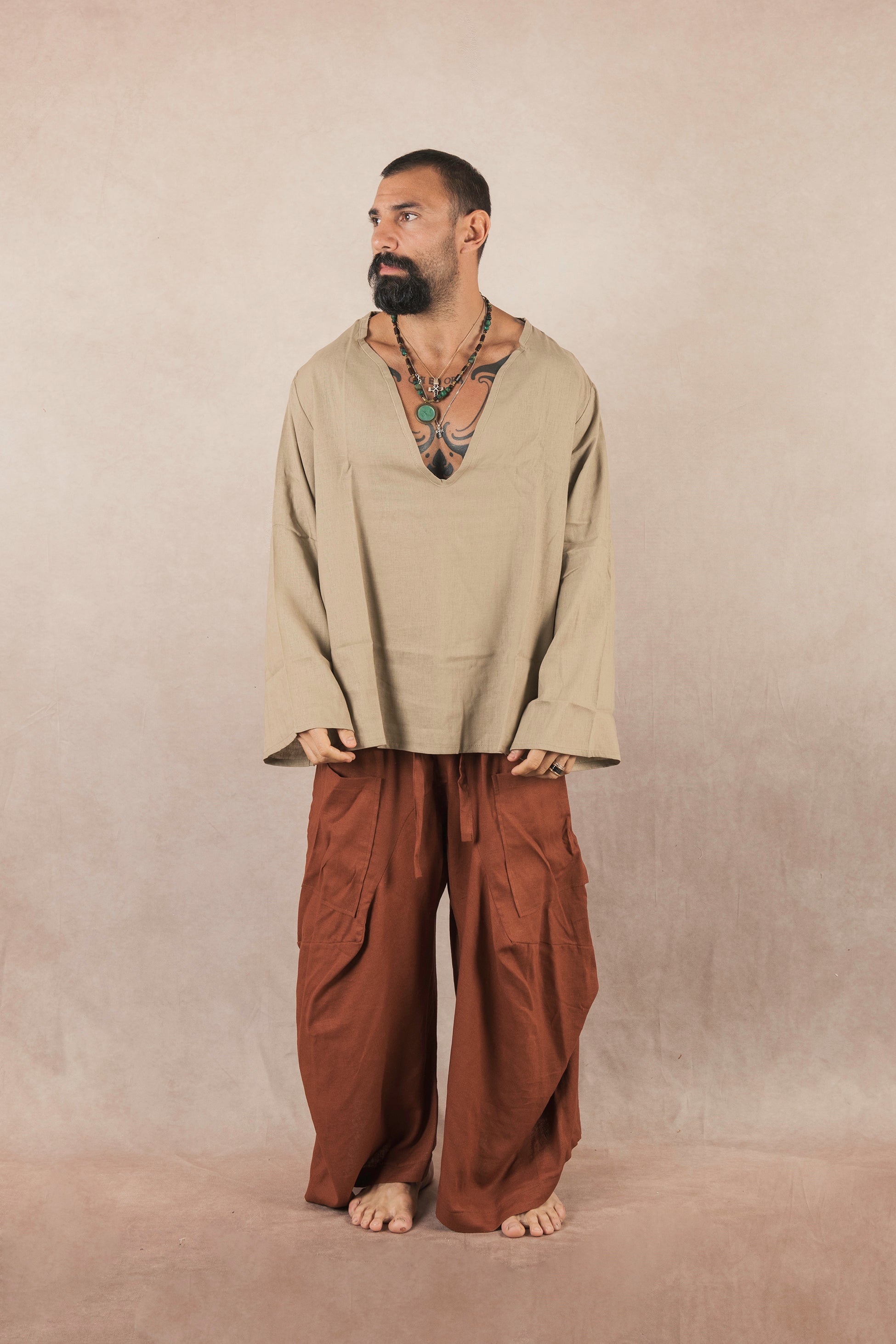 Casacca manica lunga in lino Khaki