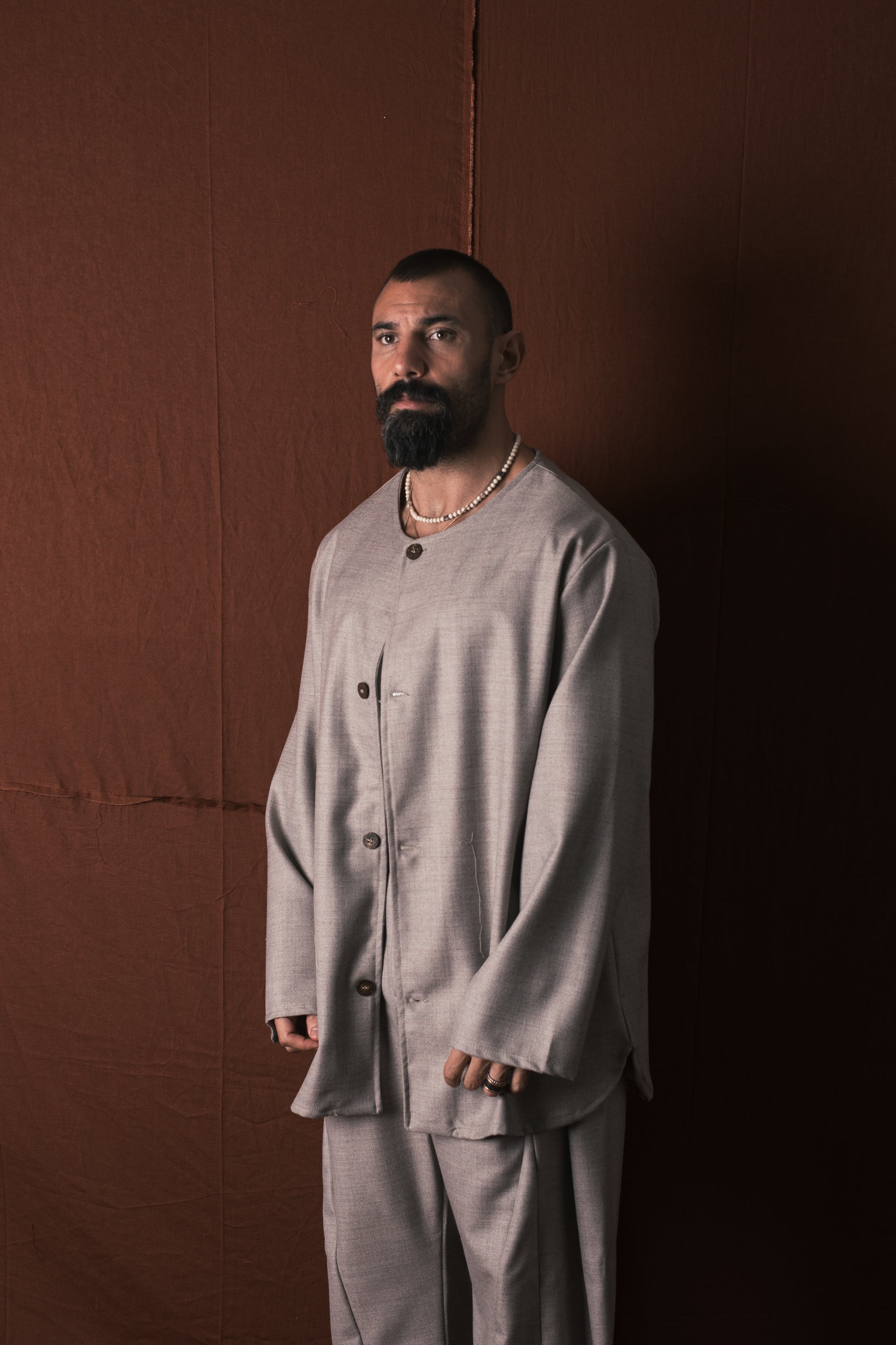 Camicia Coreana In Lana Greige