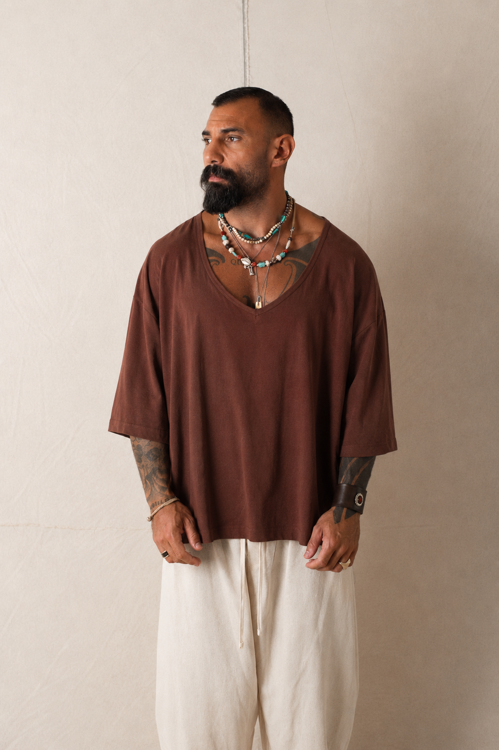 T-shirt V In Lino M/m Mattone