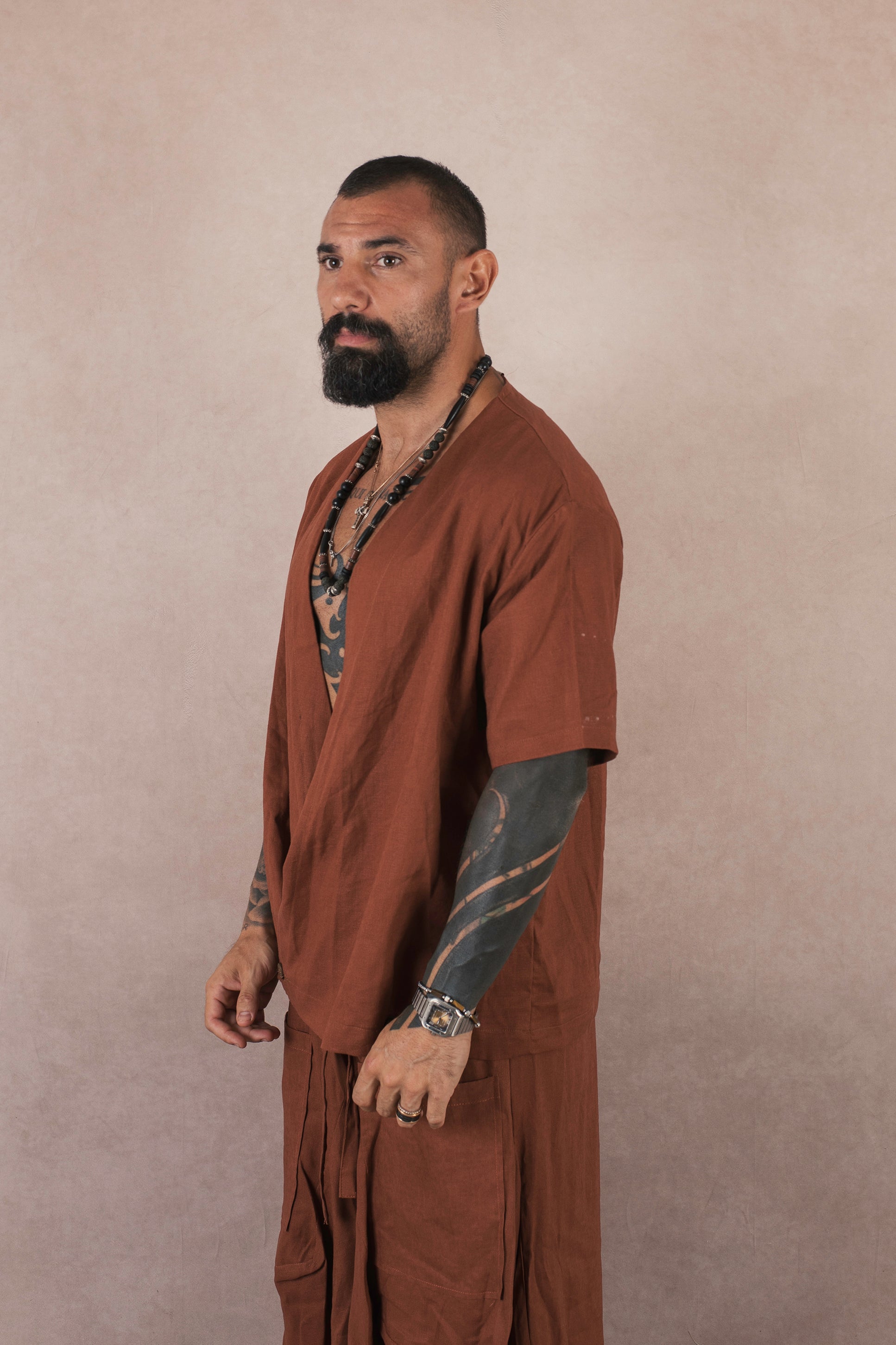 Camicia Incrocio In Lino Terra