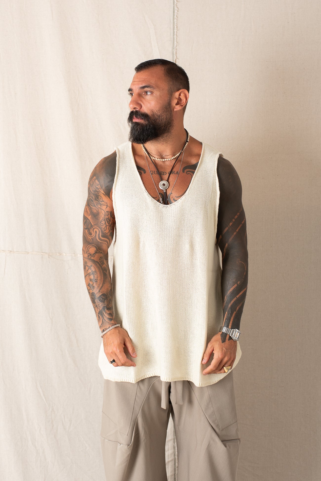 Canotta In Maglia Panna
