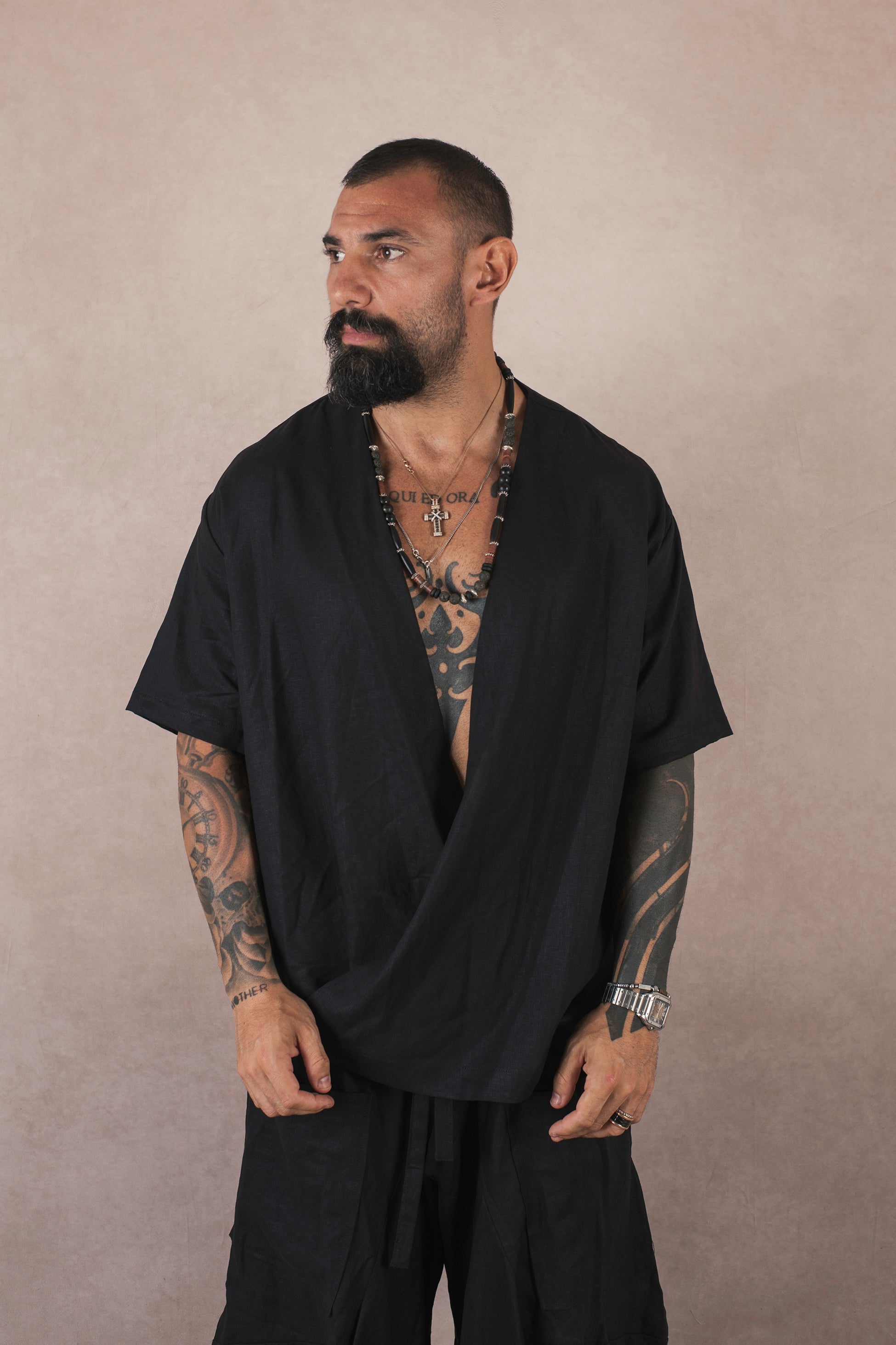 Camicia Incrocio In Lino Nero