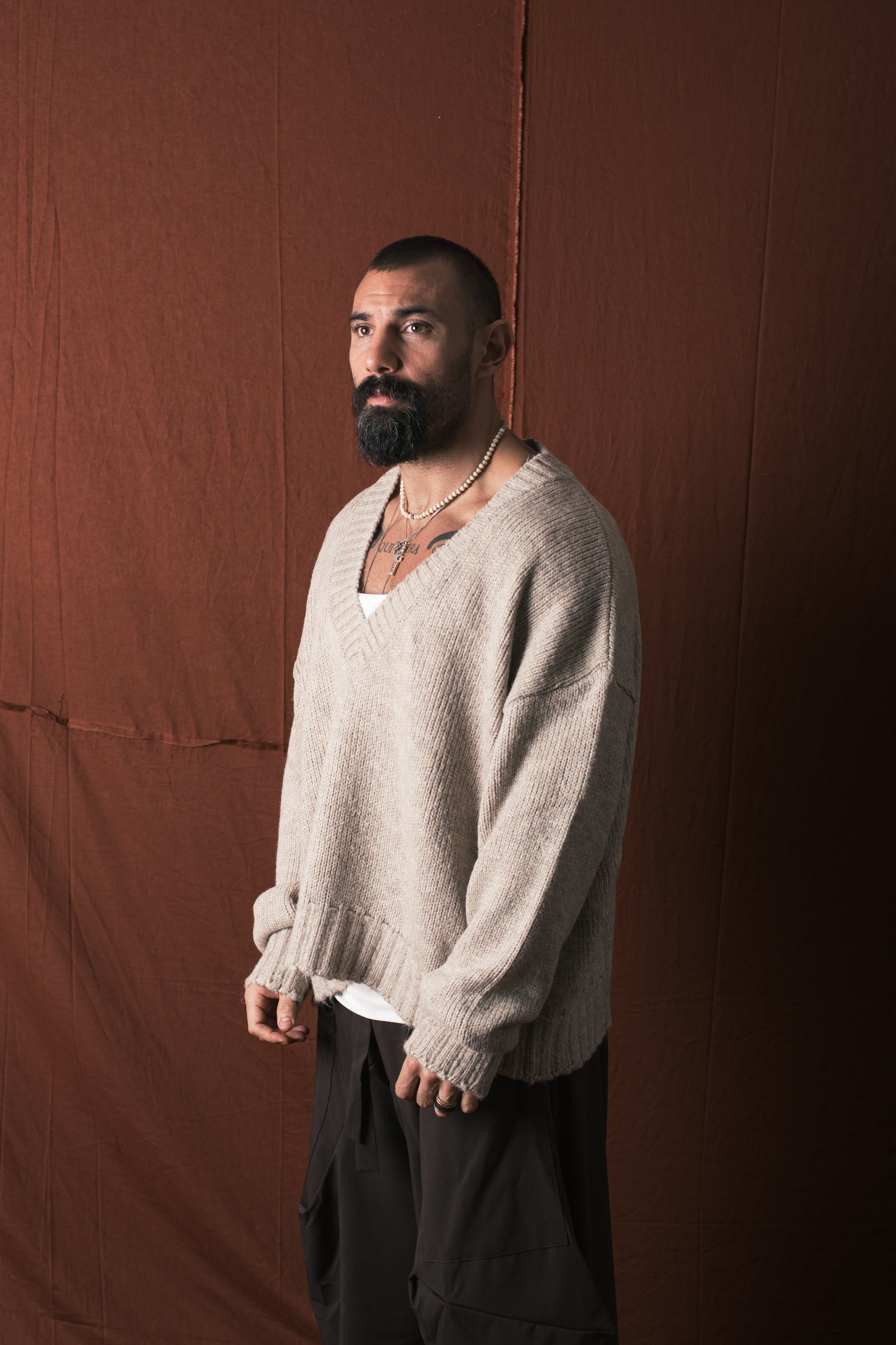 Maglione Collo V In Lana Corda