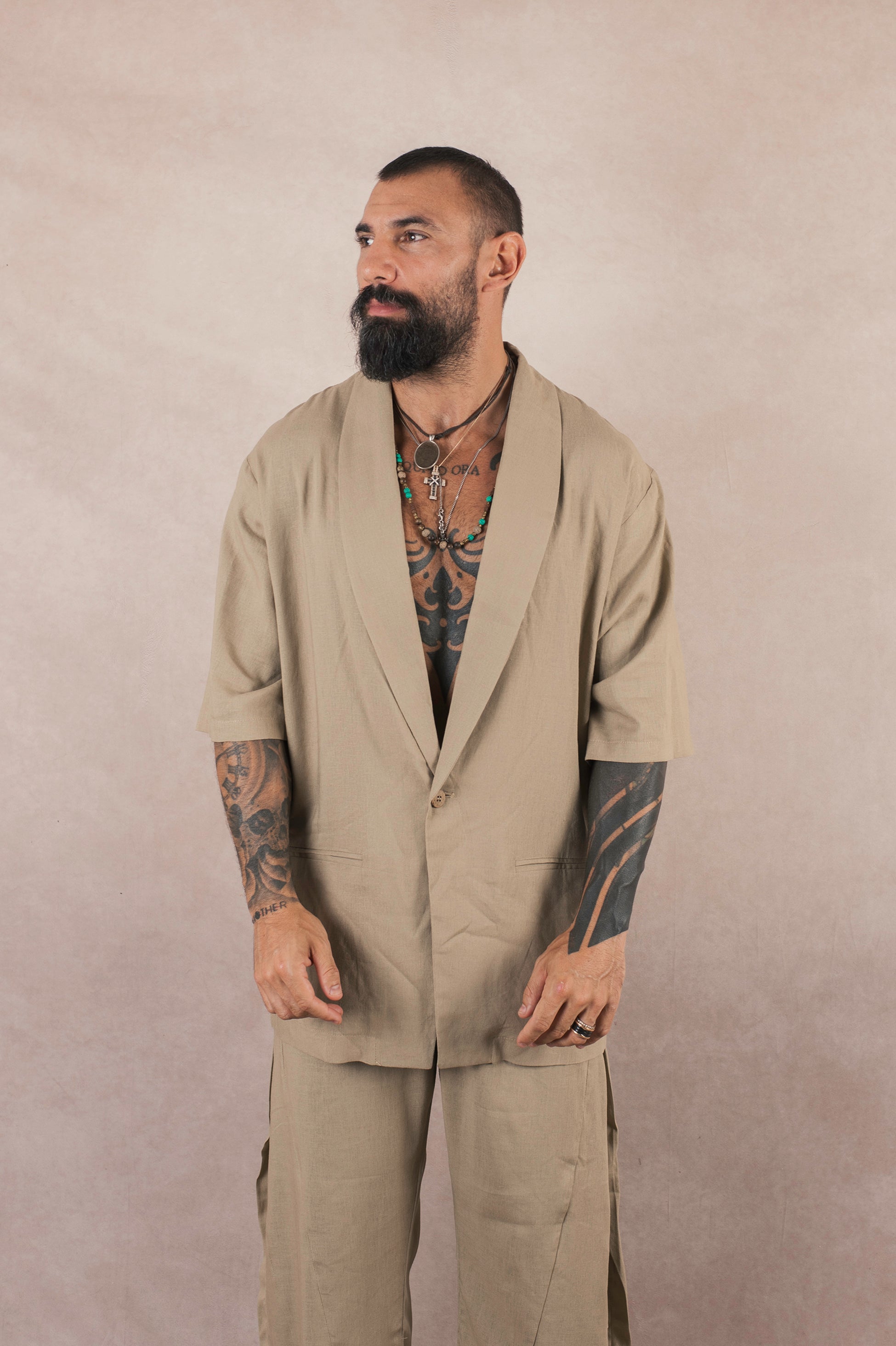 Camicia Monopetto In Lino khaki