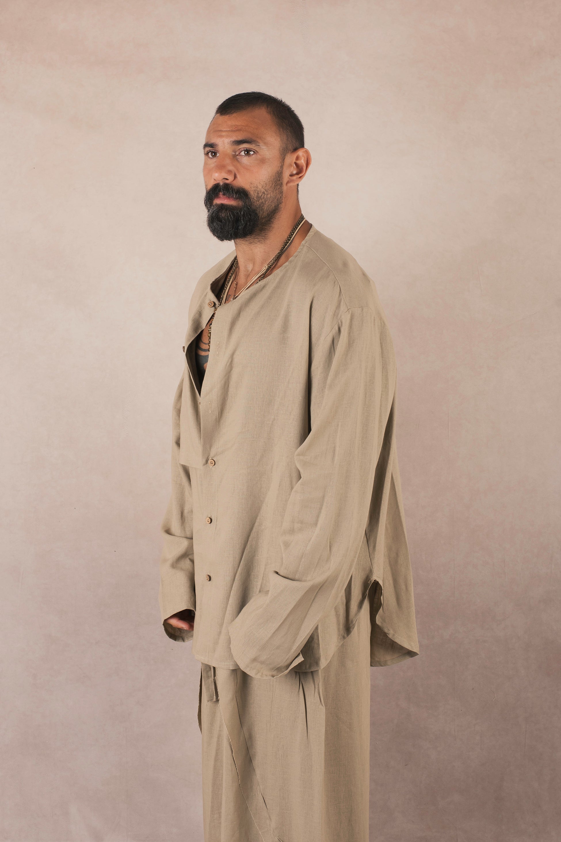 Camicia Spacco In Lino Khaki
