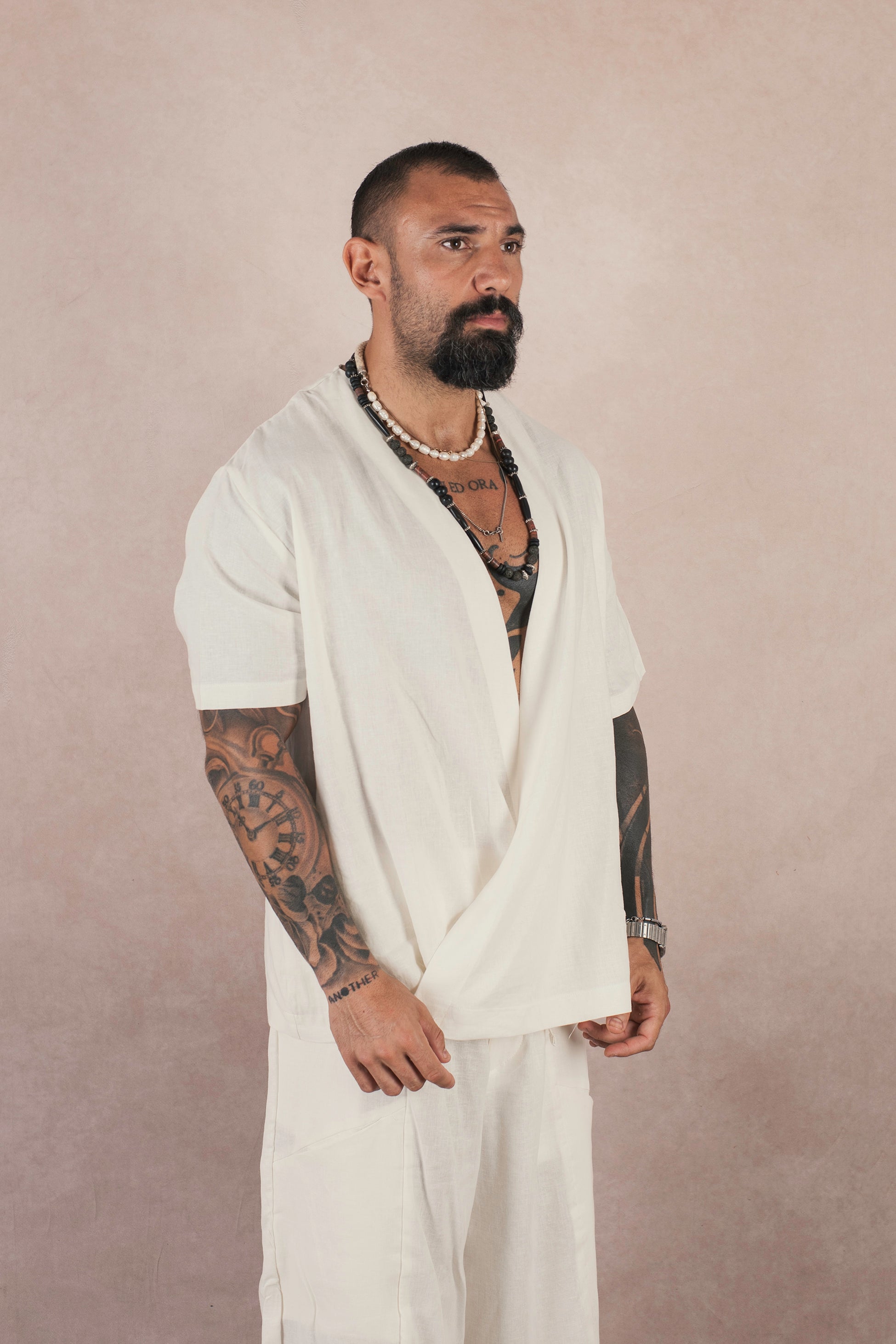 Camicia Incrocio In Lino Bianco