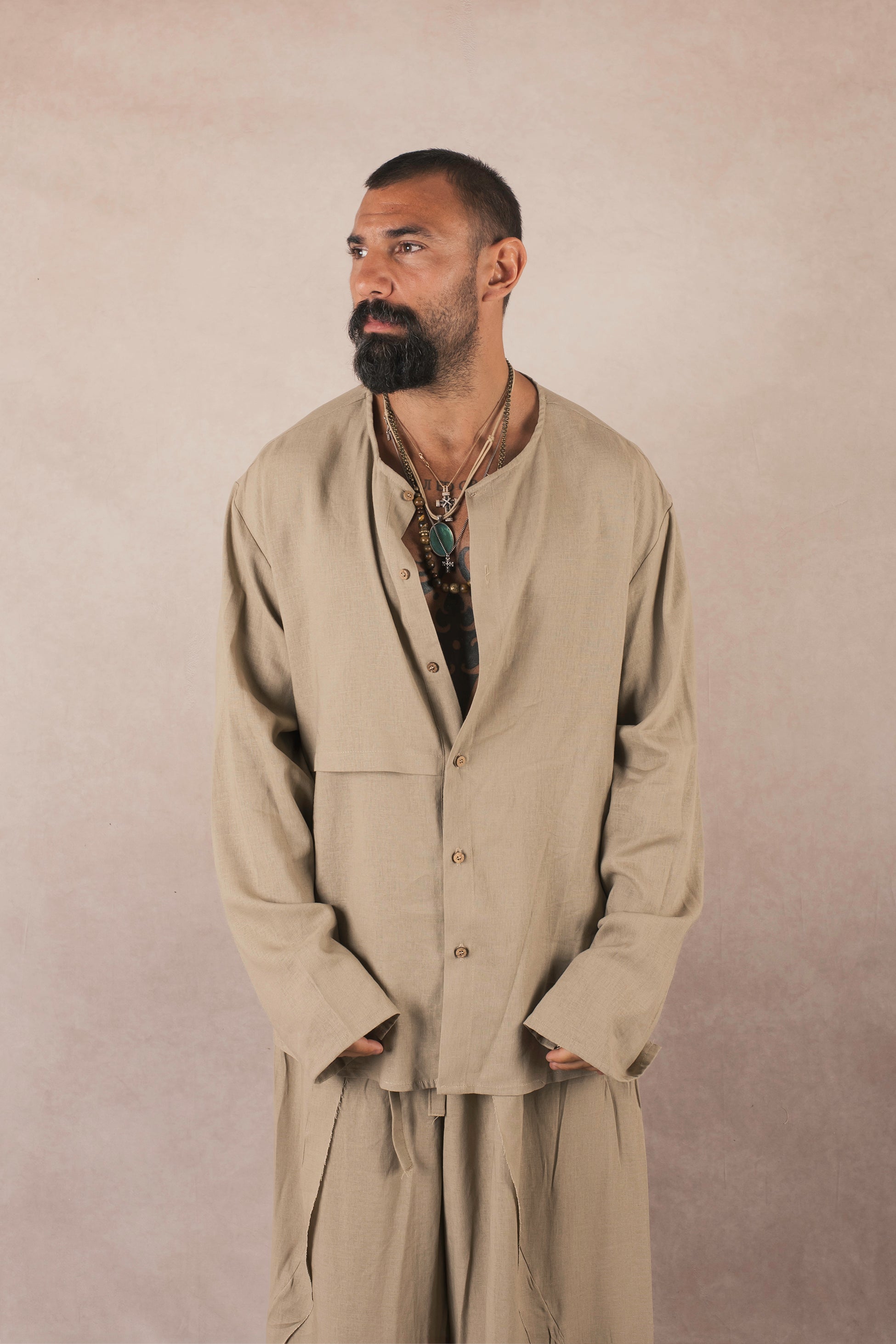 Camicia Spacco In Lino Khaki