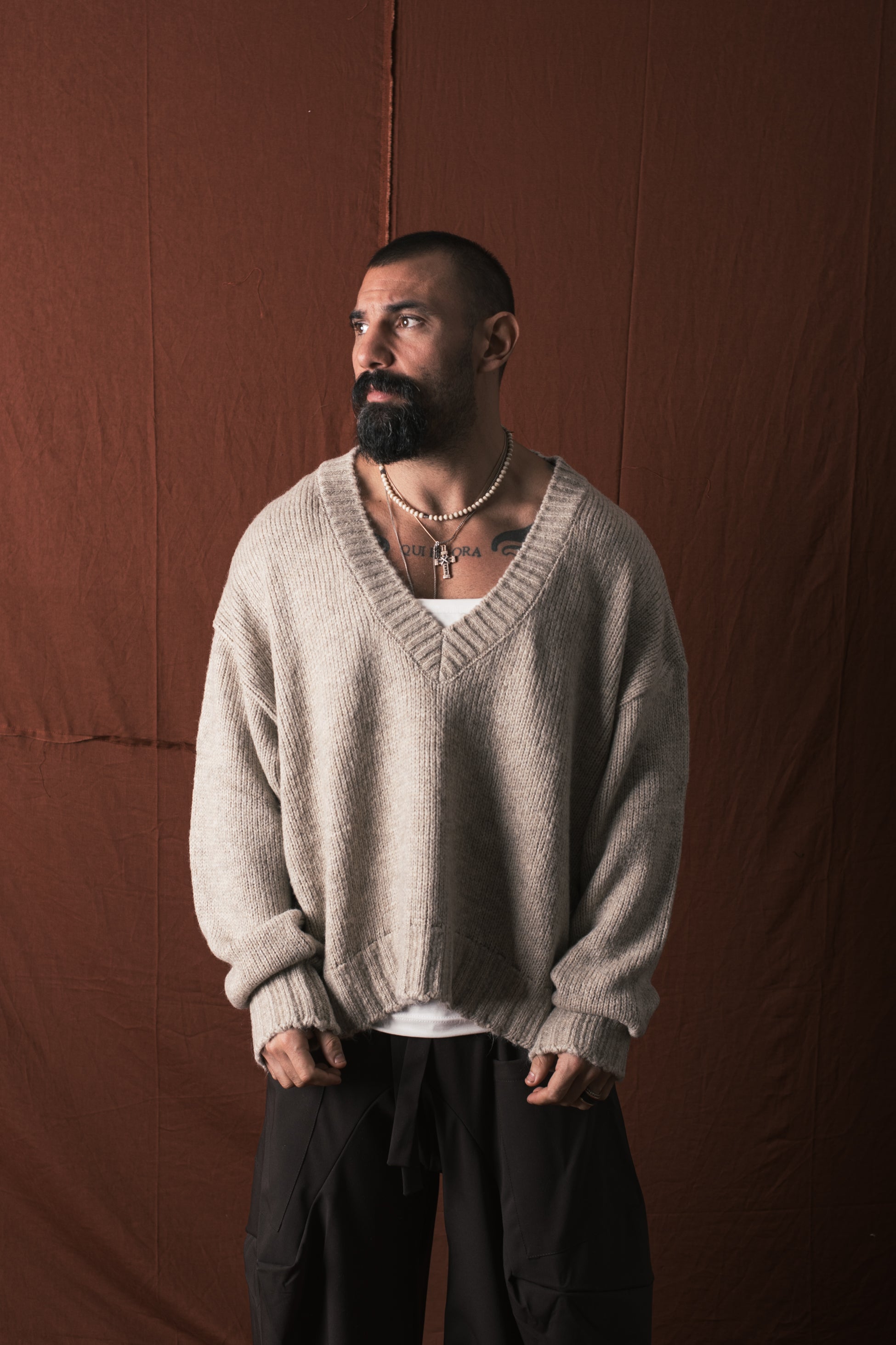 Maglione Collo V In Lana Corda