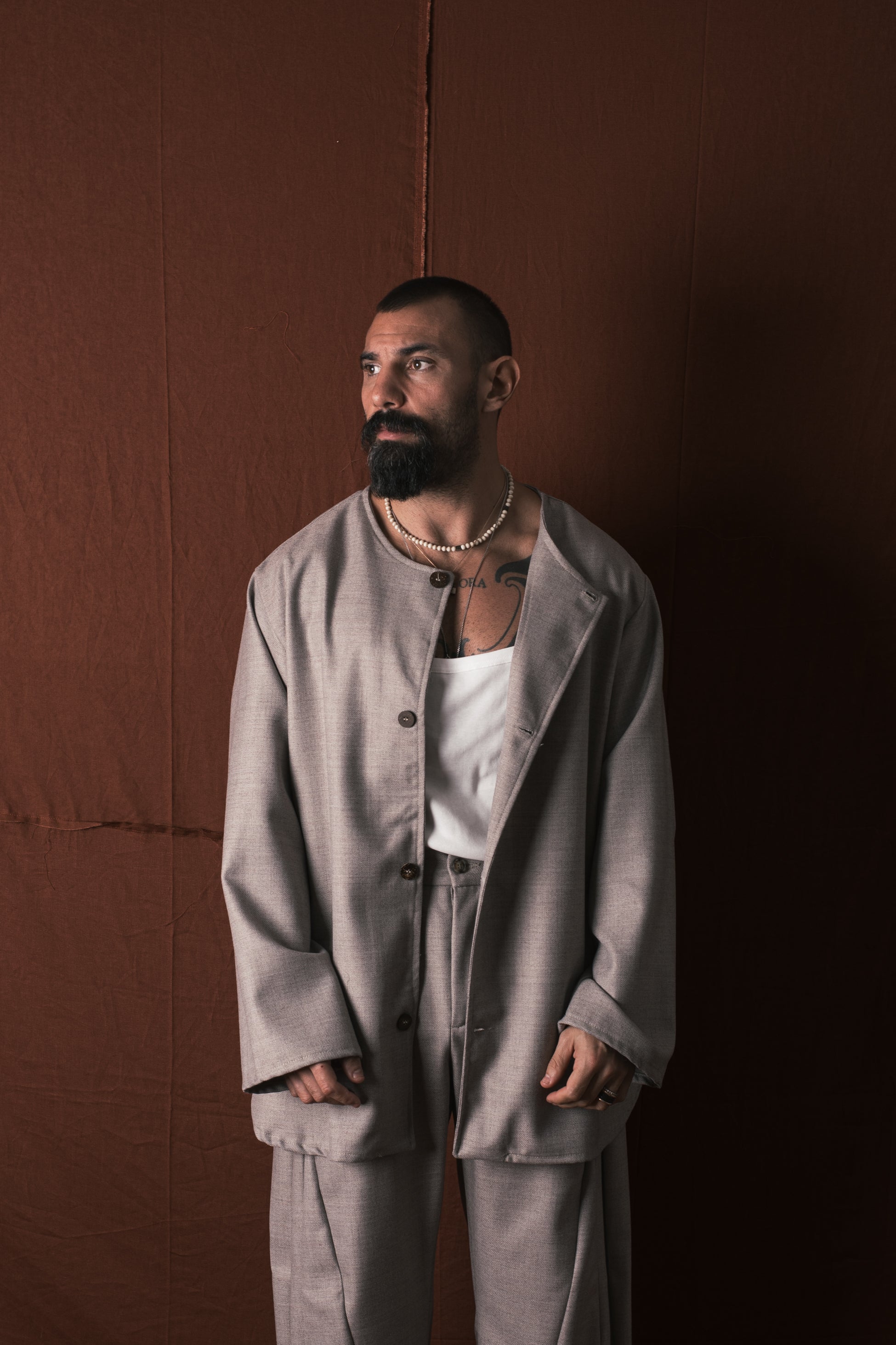 Camicia Coreana In Lana Greige