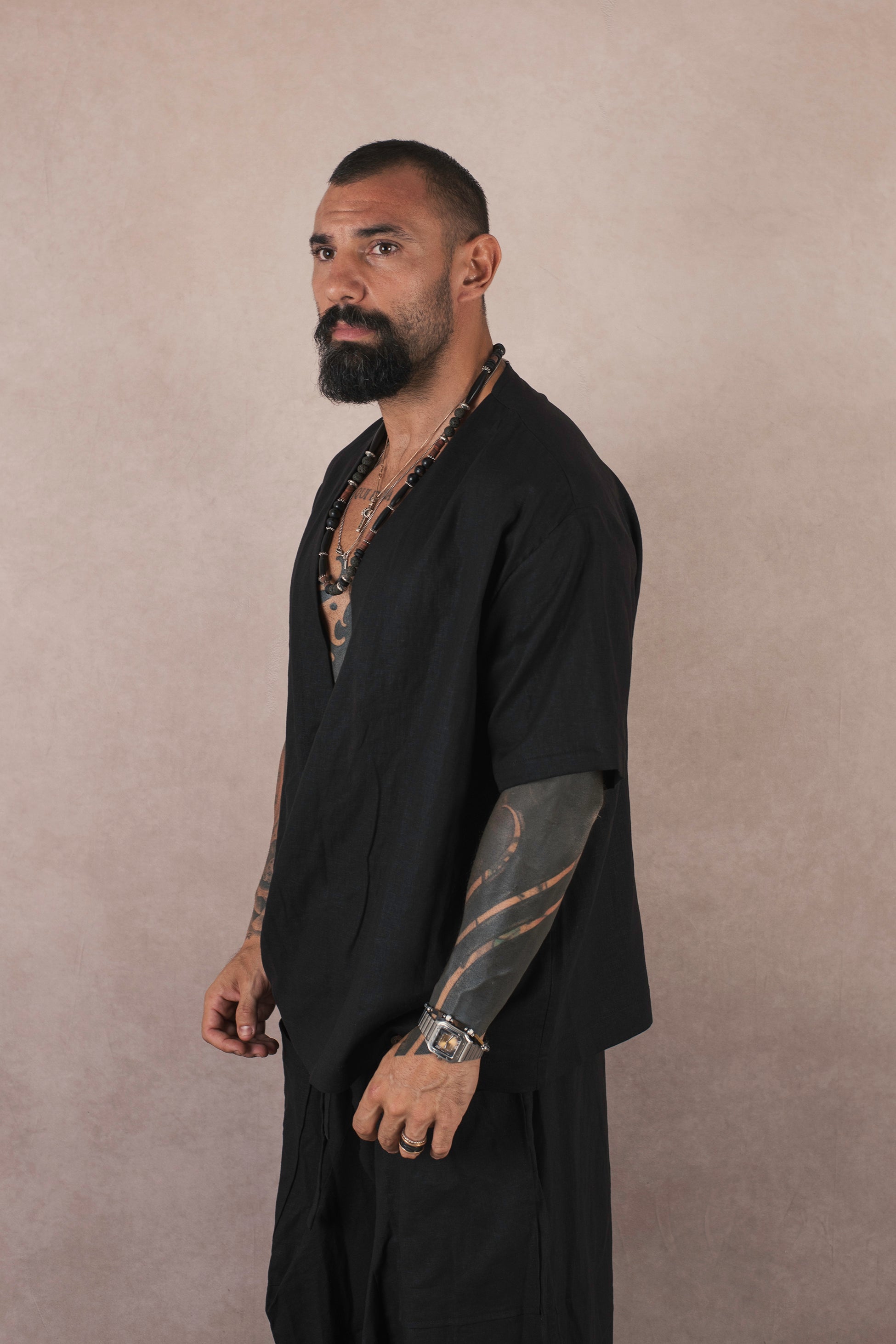 Camicia Incrocio In Lino Nero