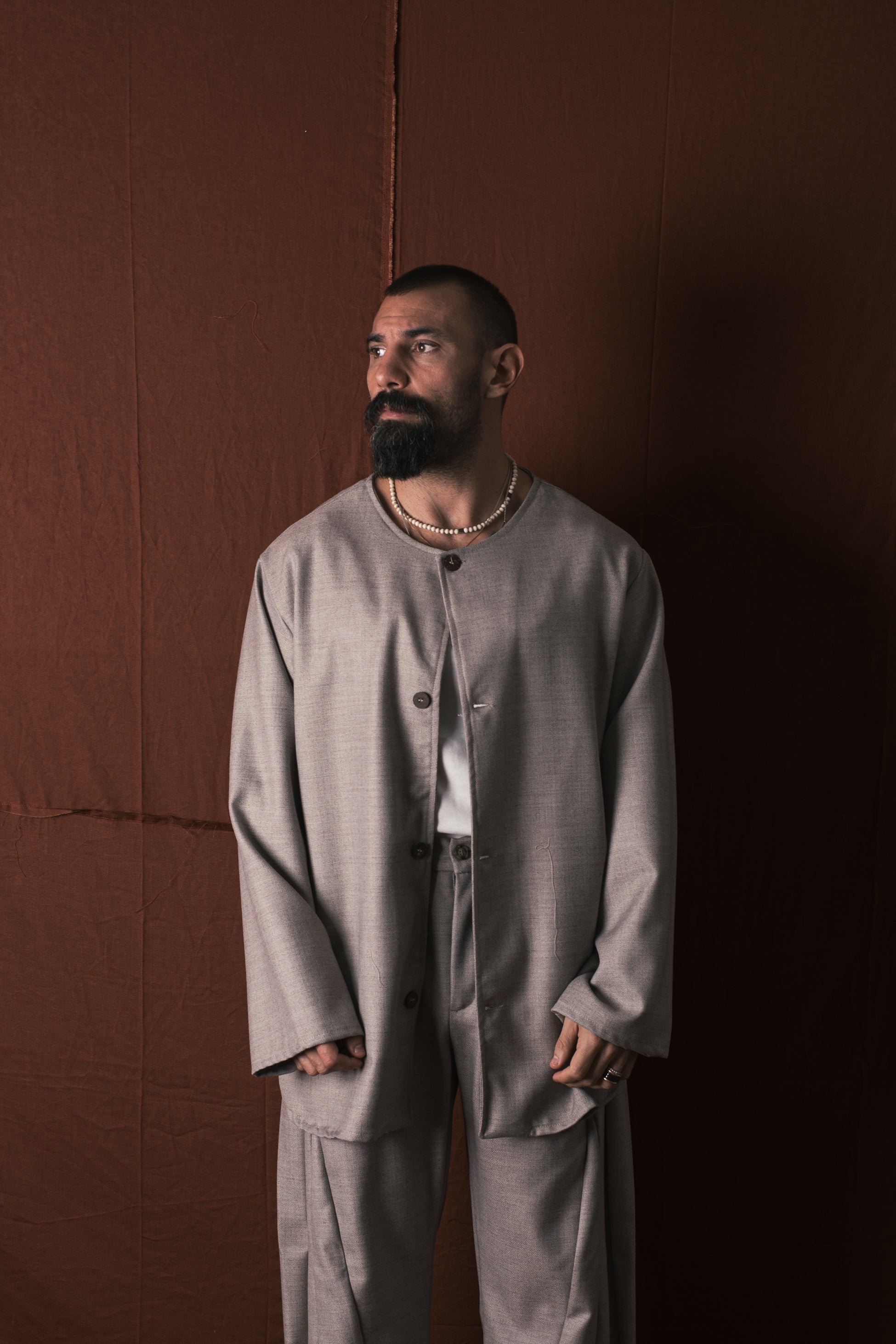 Camicia Coreana In Lana Greige