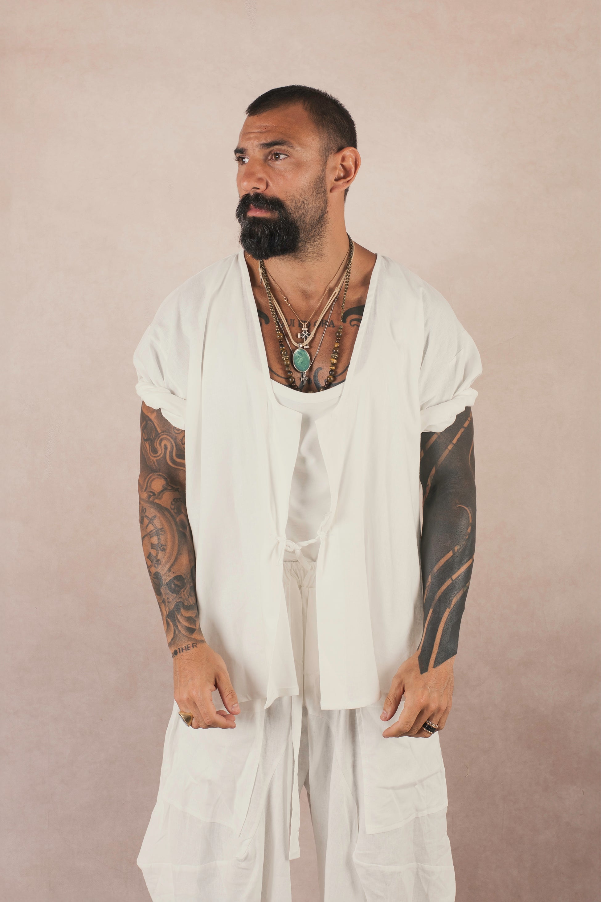 Kimono Mezza Manica In Lino Bianco