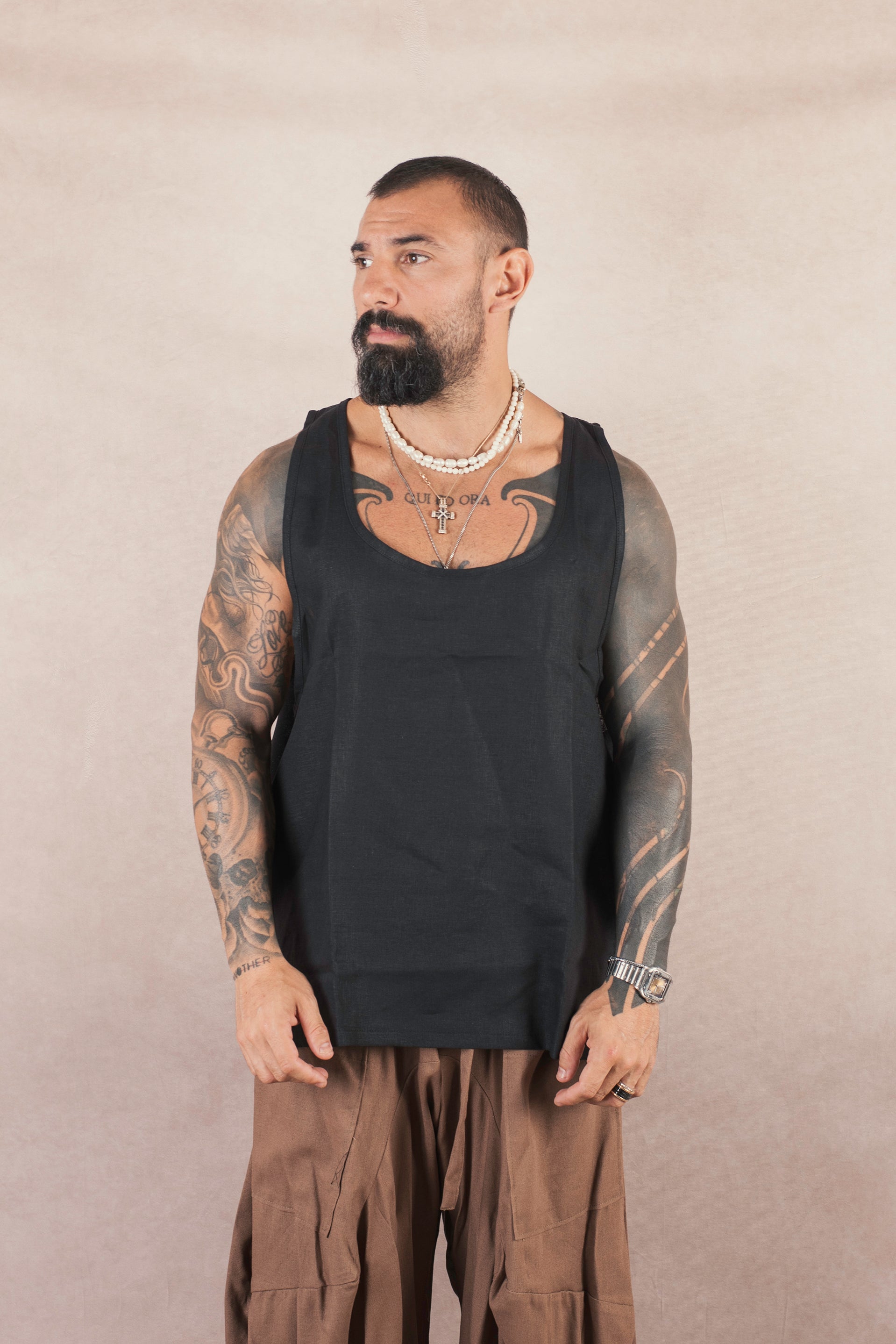 Canotta In Lino Open Nero