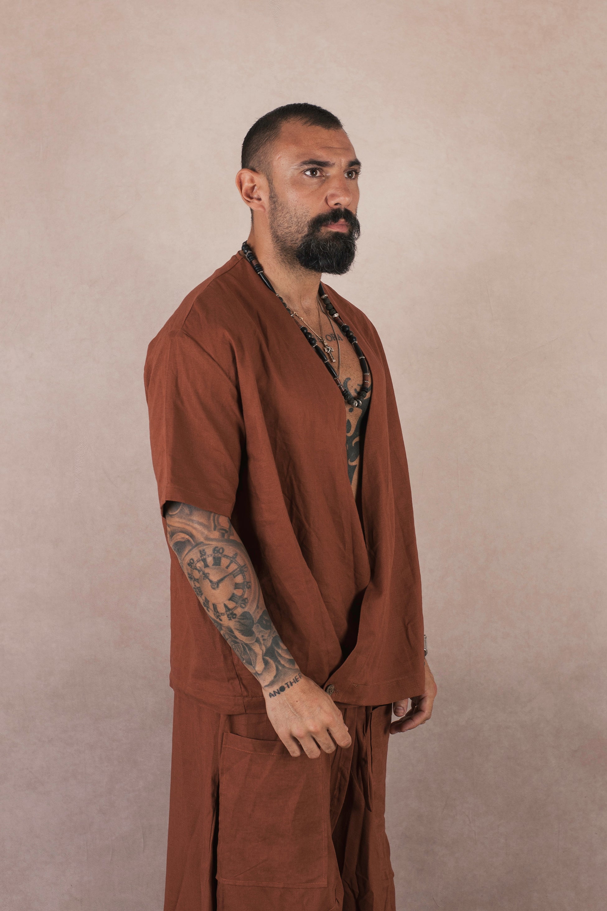 Camicia Incrocio In Lino Terra