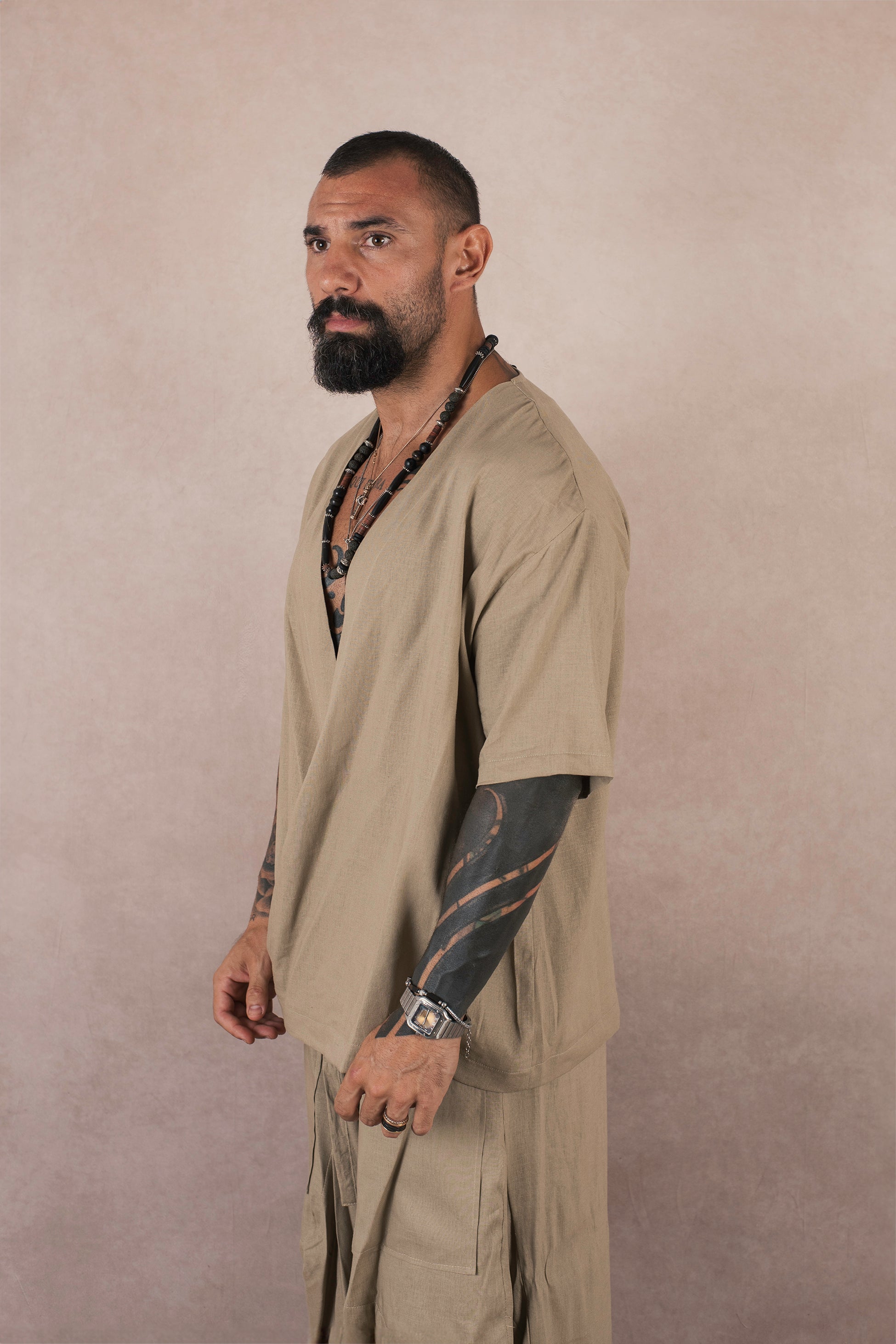 Camicia Incrocio In Lino Khaki