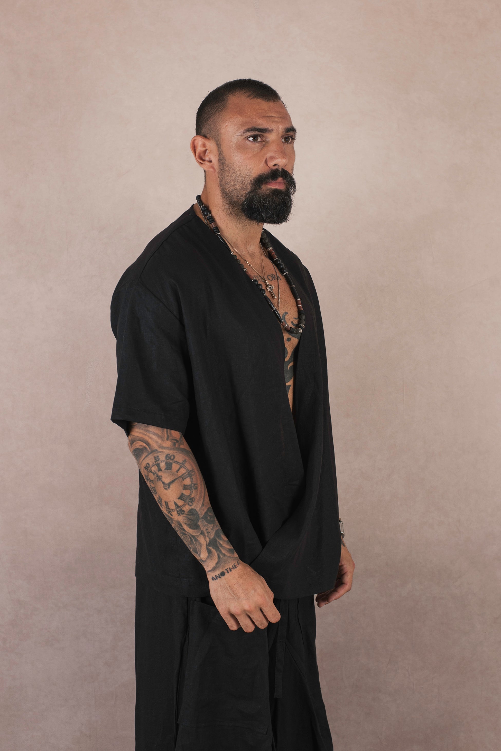 Camicia Incrocio In Lino Nero