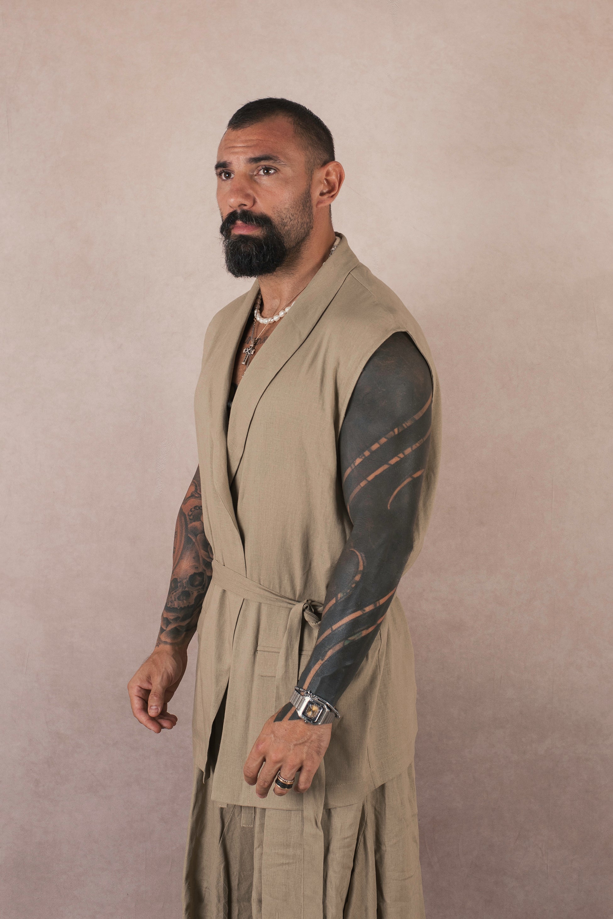 Kimono Smanicato In Lino Khaki