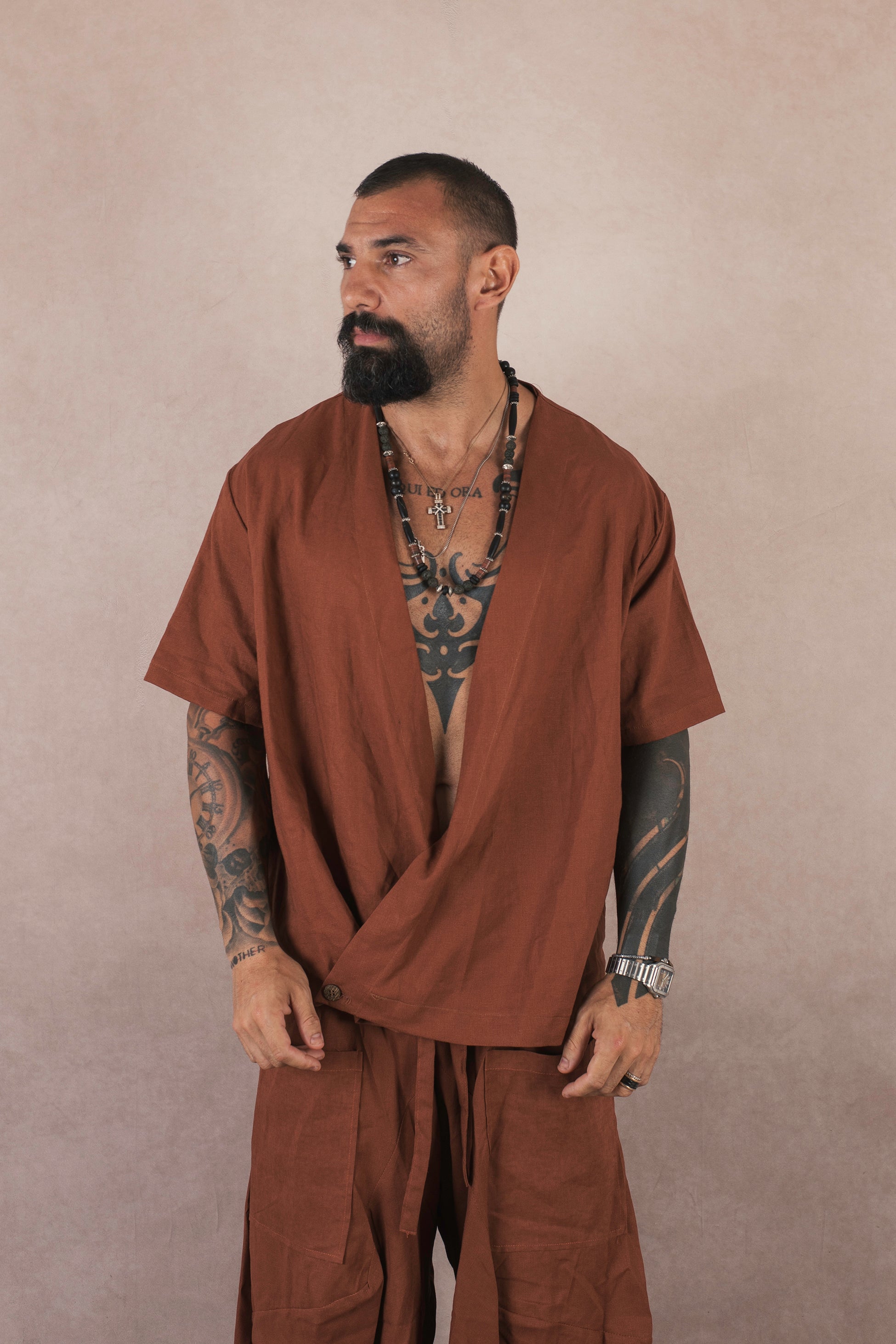 Camicia Incrocio In Lino Terra