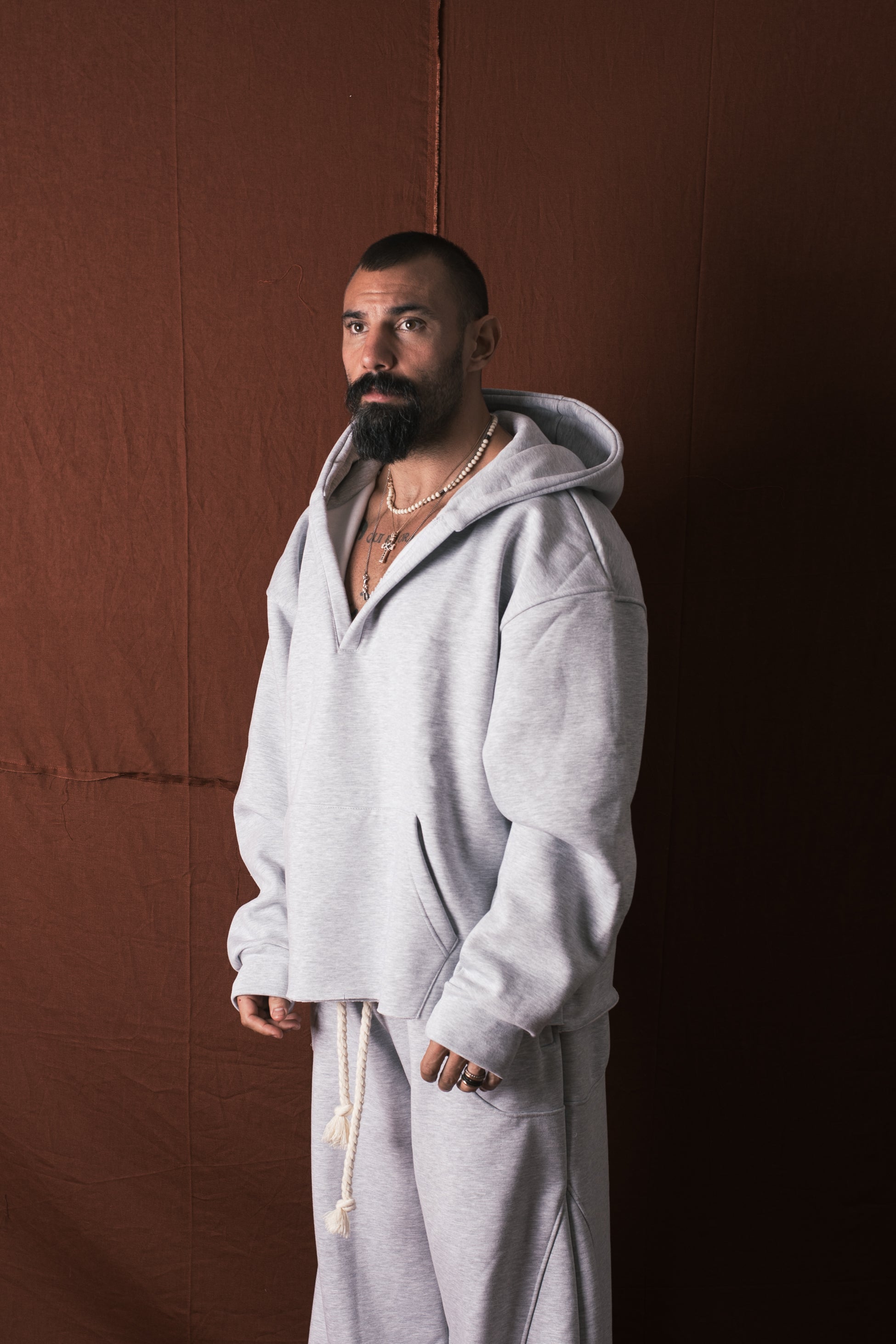 Felpa Cappuccio Collo V Grigio