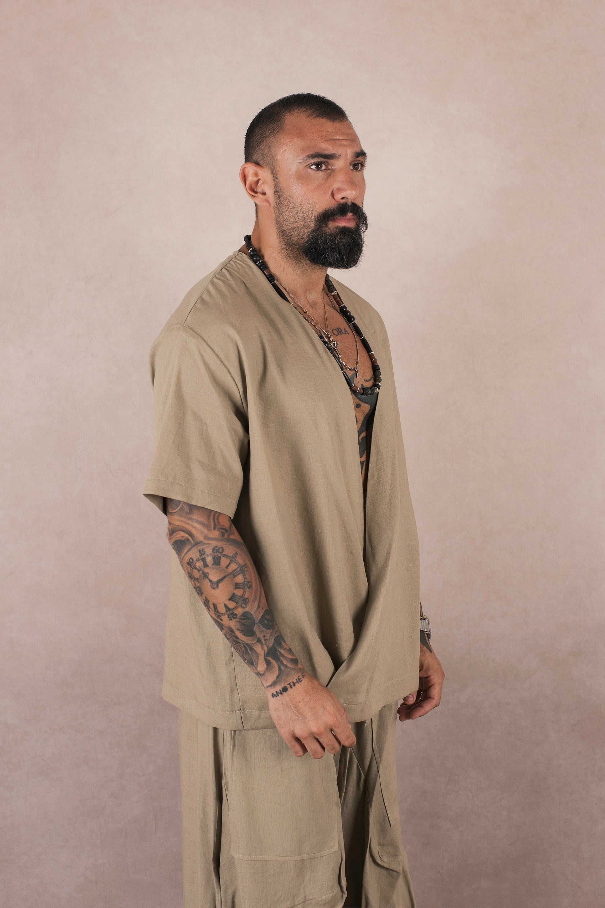 Camicia Incrocio In Lino Khaki