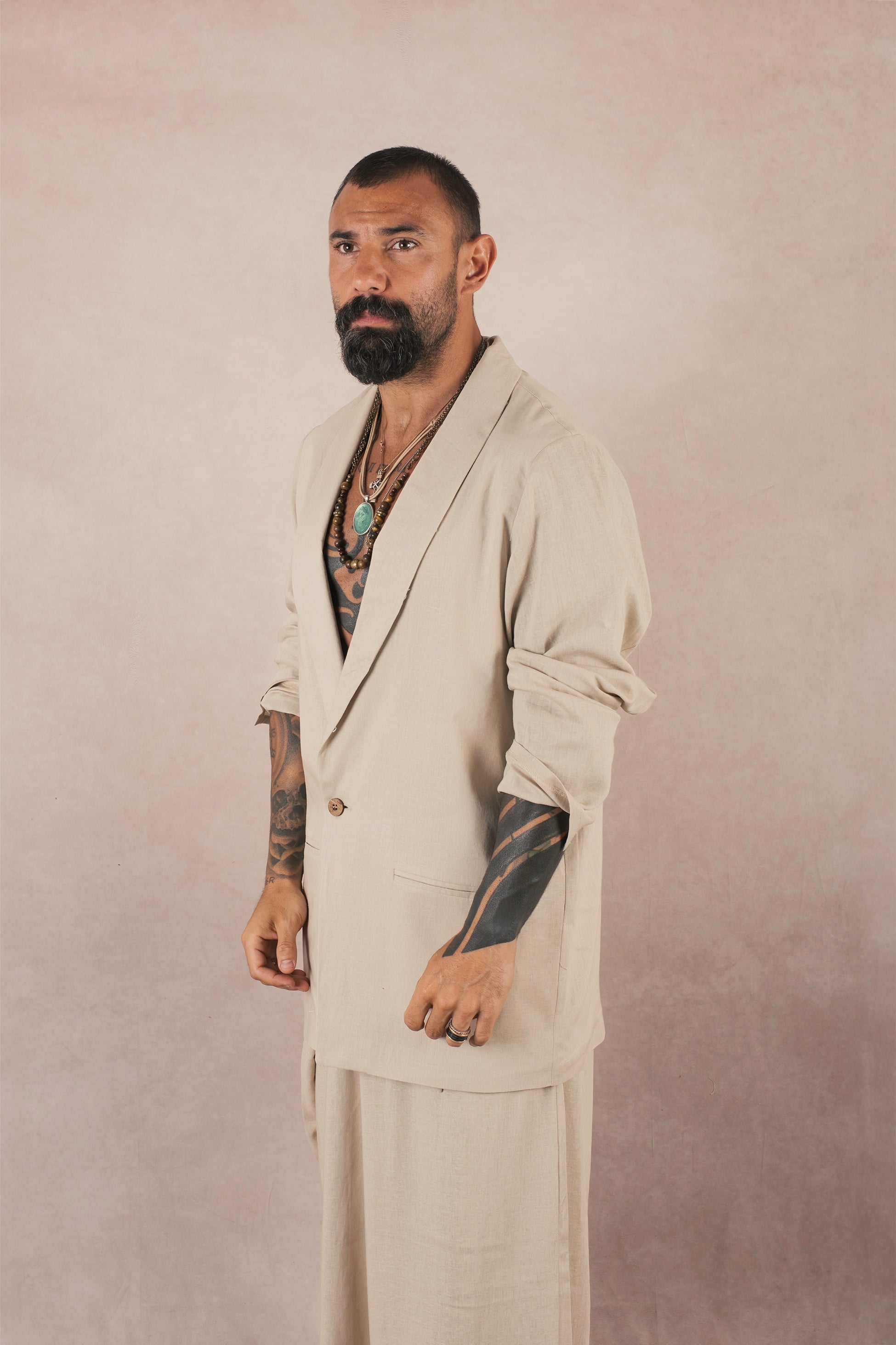 Giacca Monopetto In Lino Beige