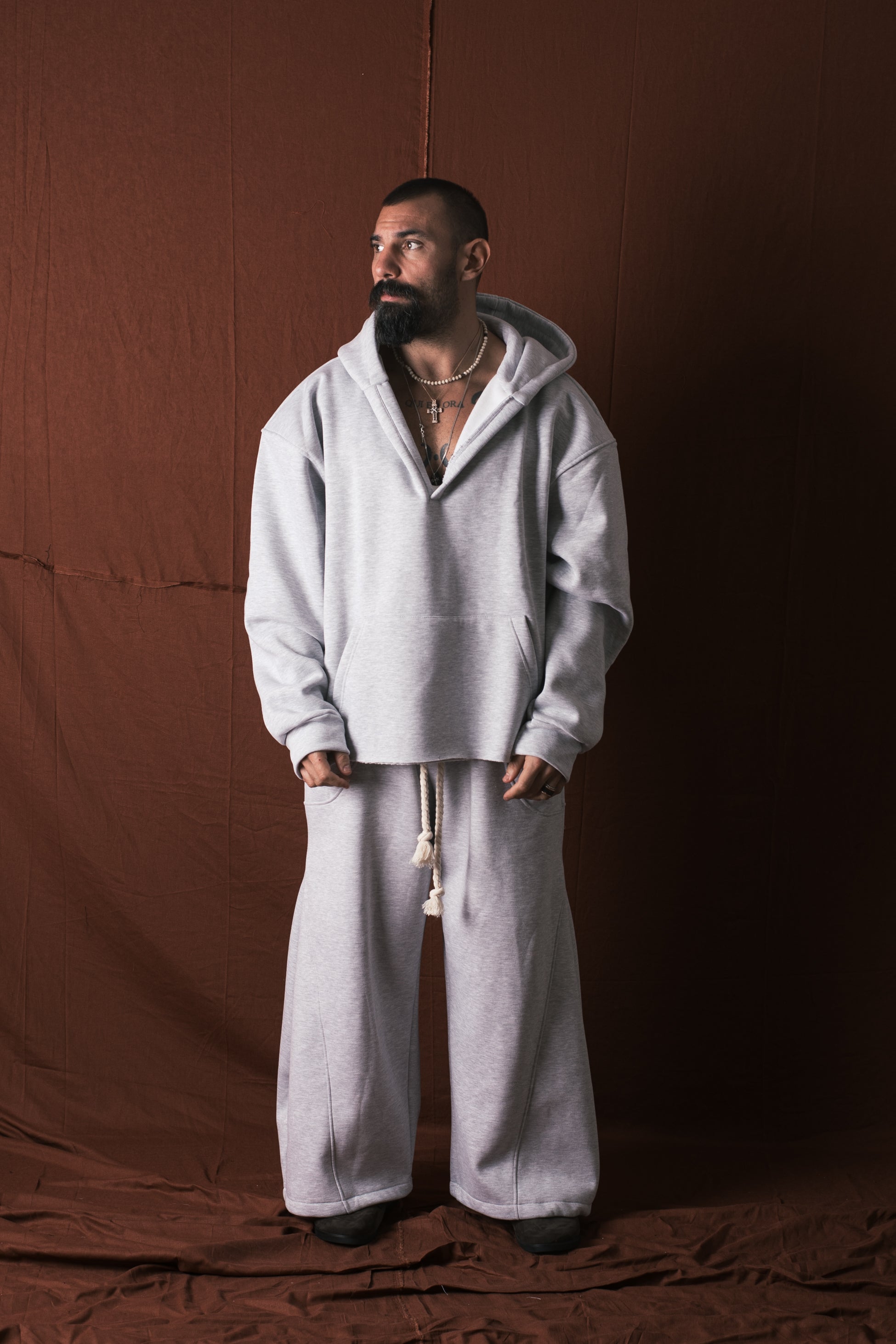 Felpa Cappuccio Collo V Grigio