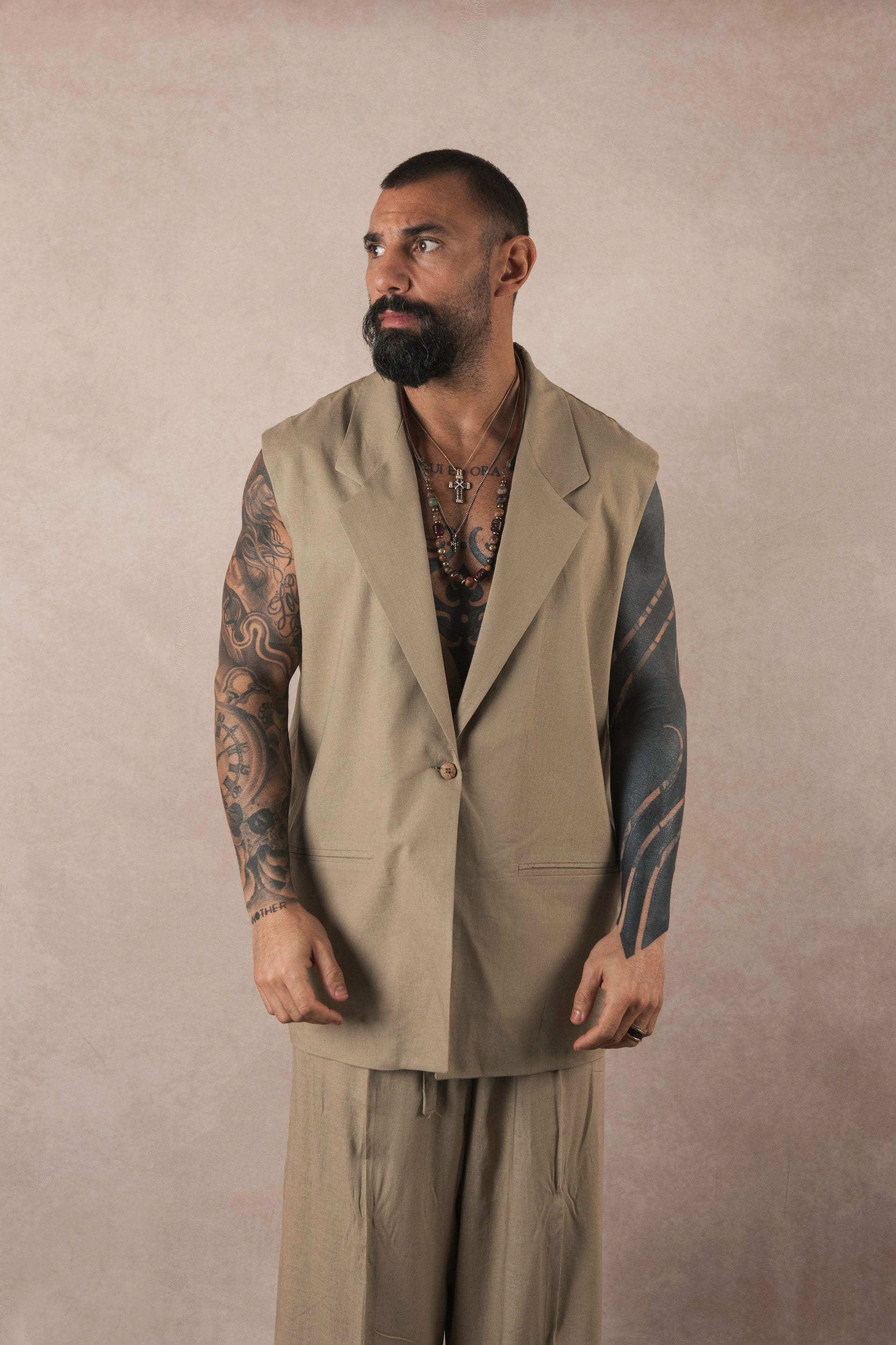 Khaki Linen Sleeveless Jacket