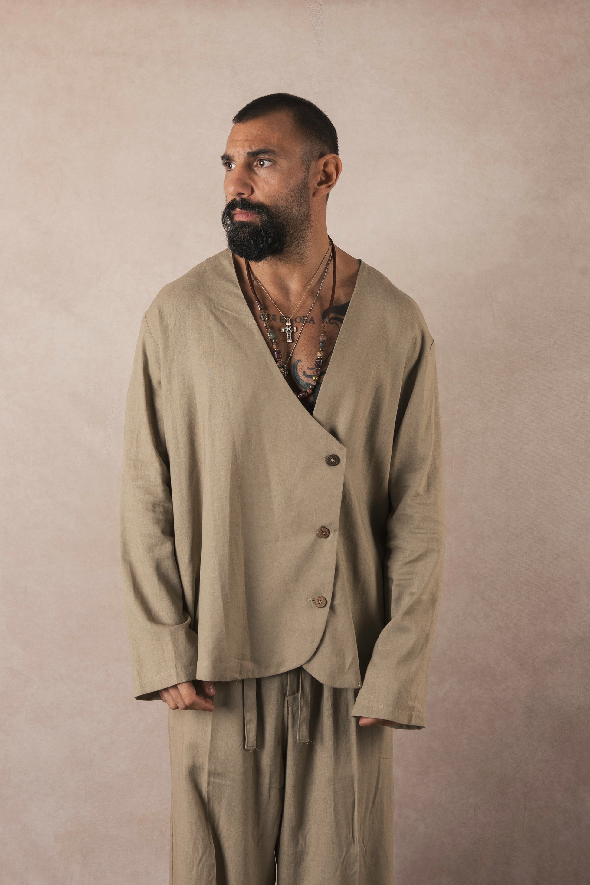 Asymmetric Khaki Linen Jacket