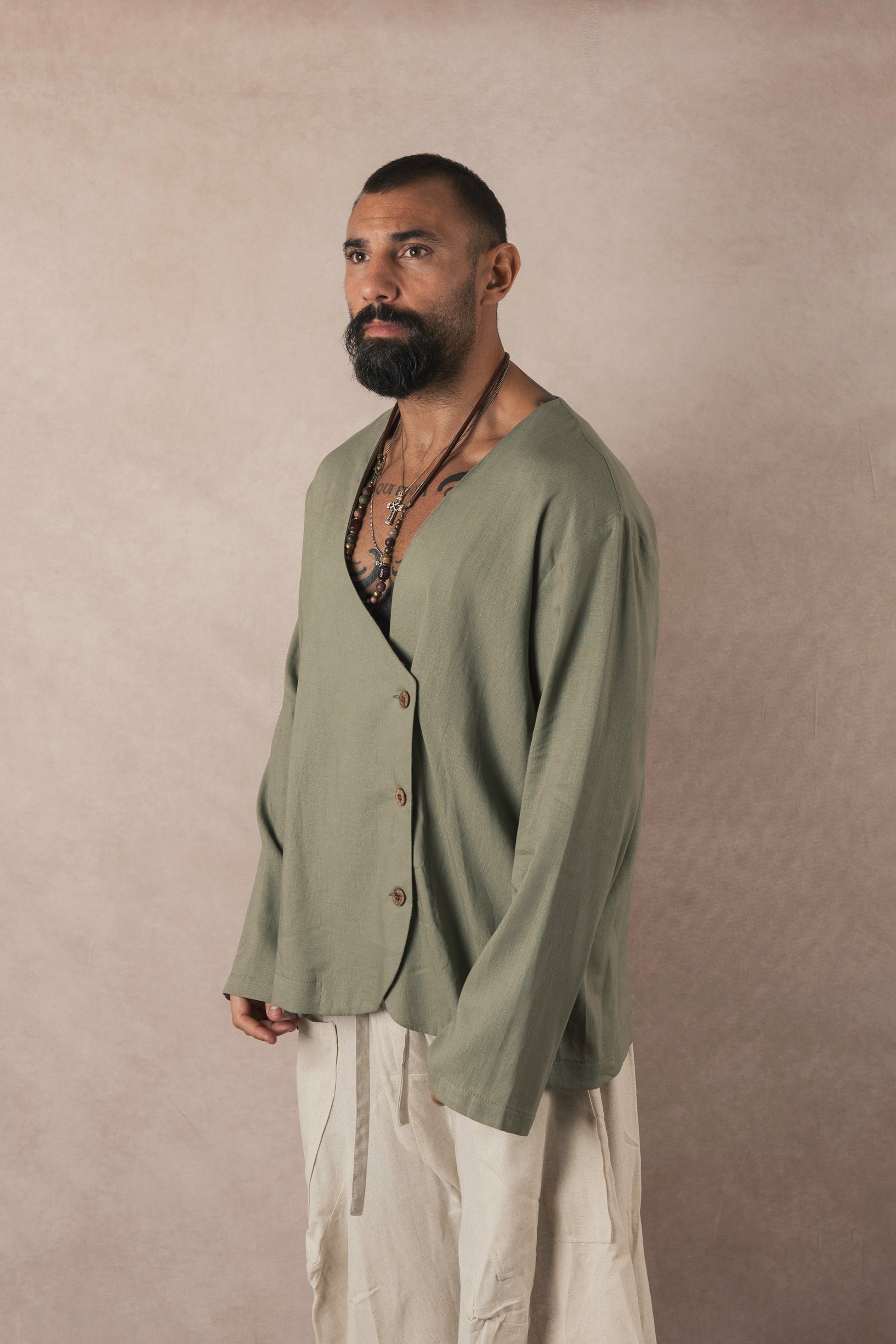 Asymmetrical Sage Linen Jacket
