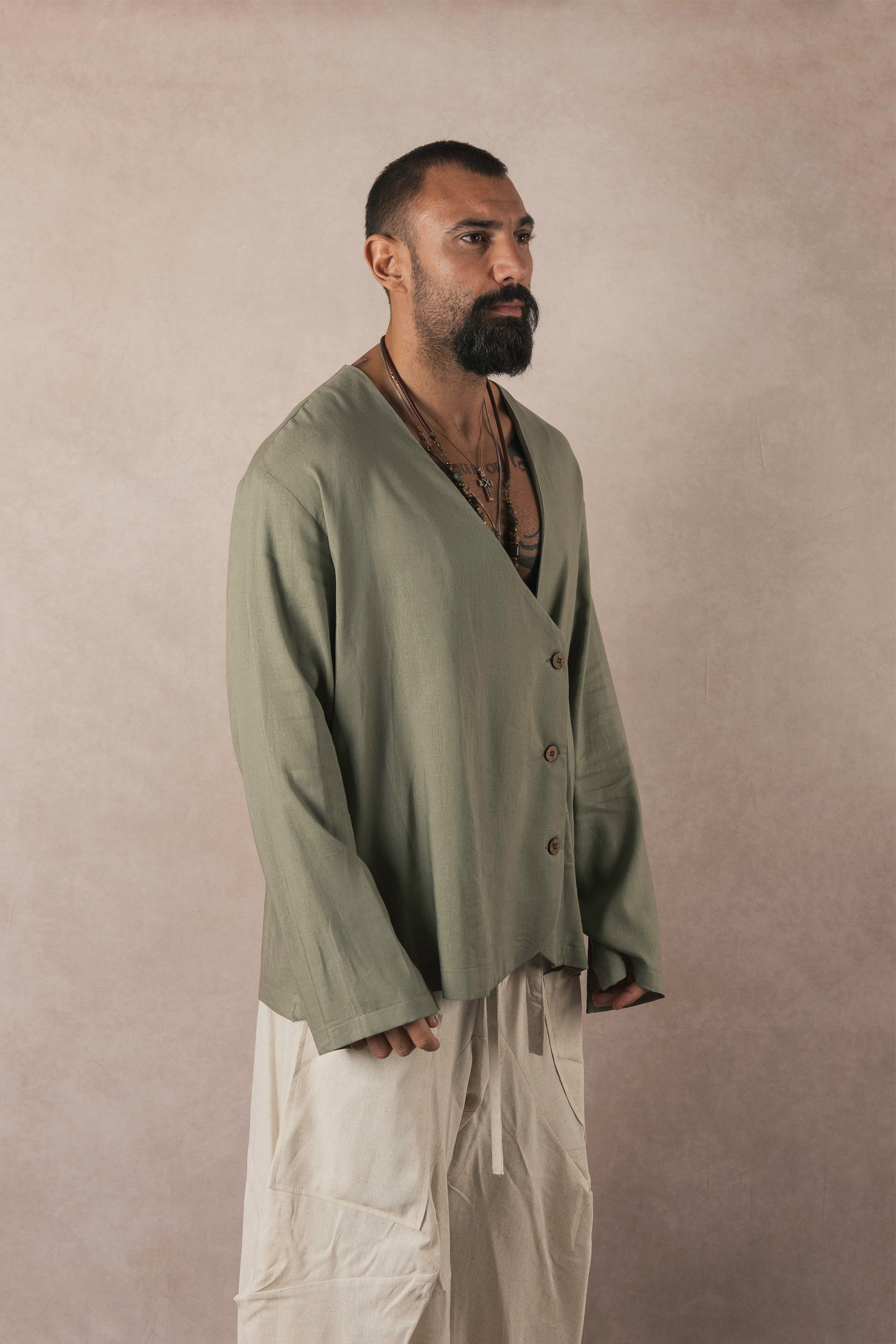 Asymmetrical Sage Linen Jacket