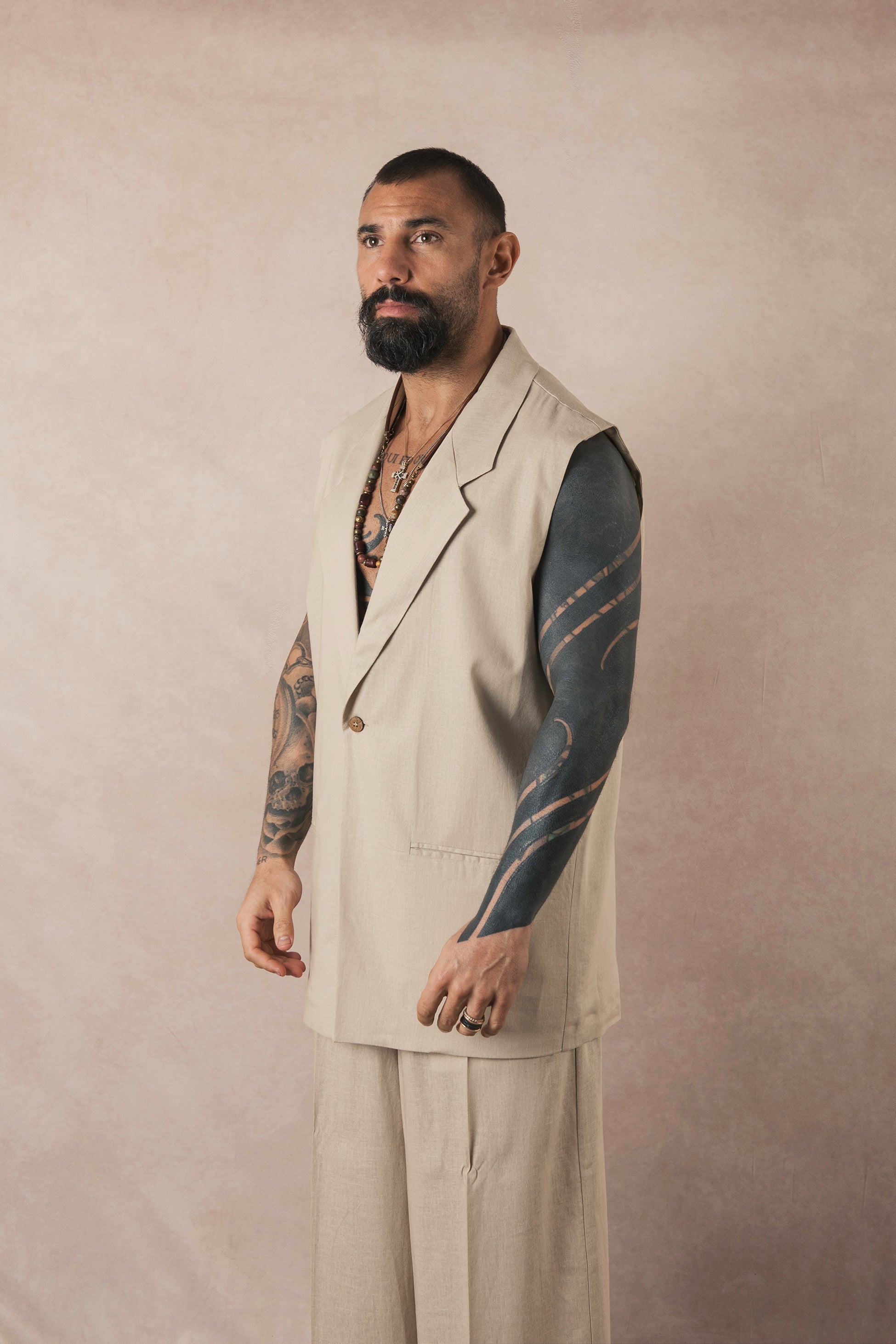 Beige Linen Sleeveless Jacket
