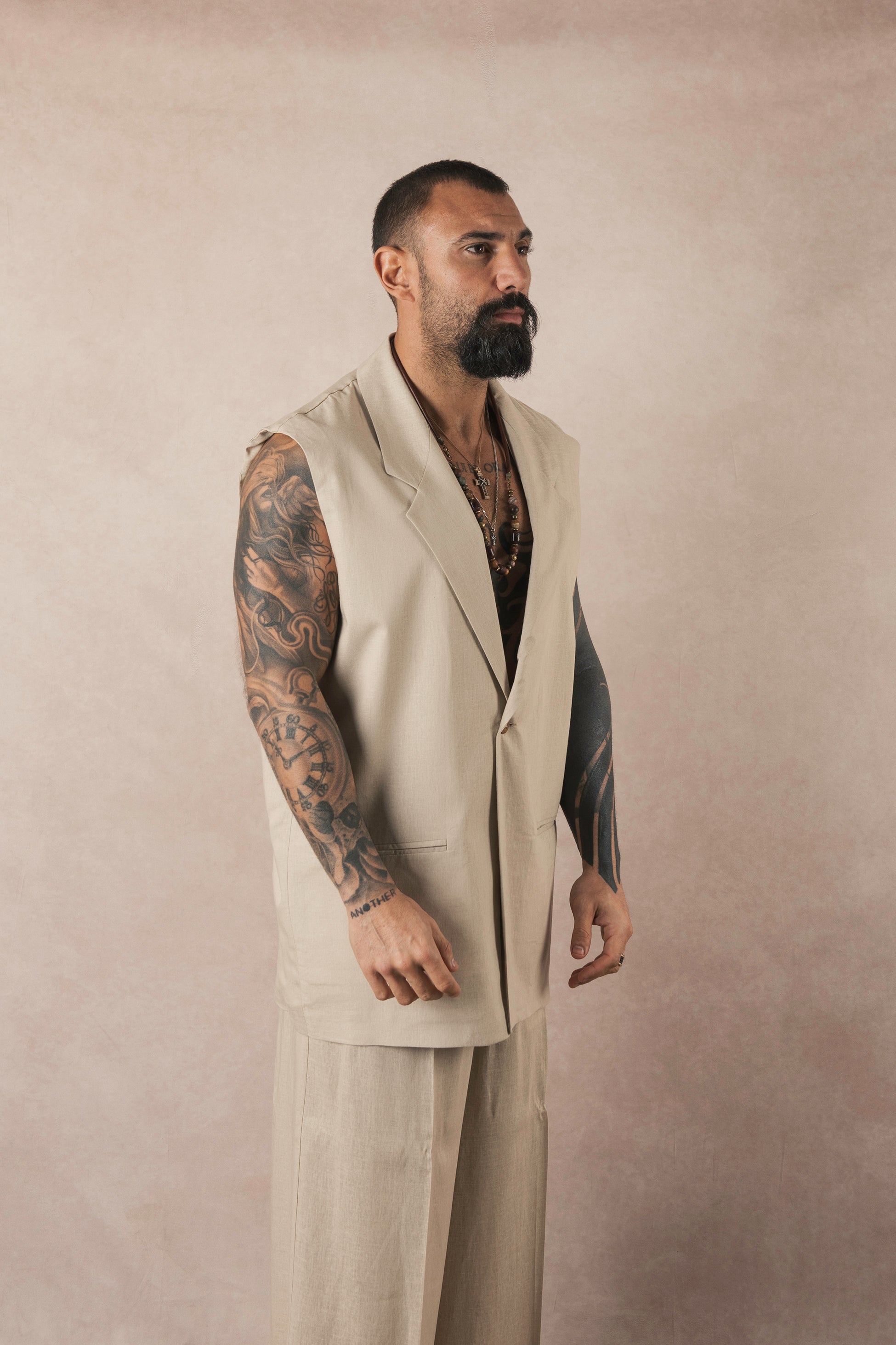 Beige Linen Sleeveless Jacket