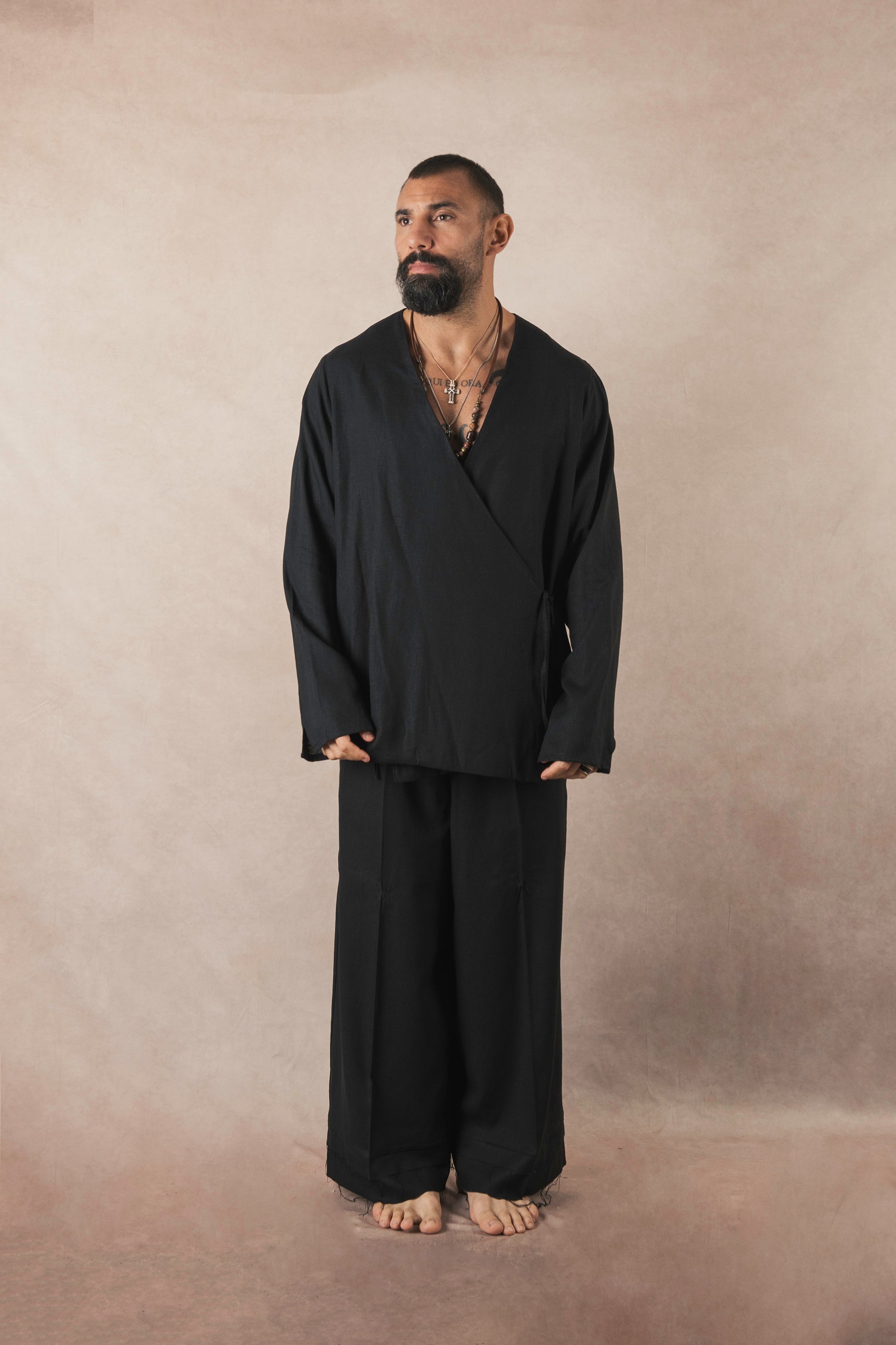 Giacca Kimono In Lino Nero