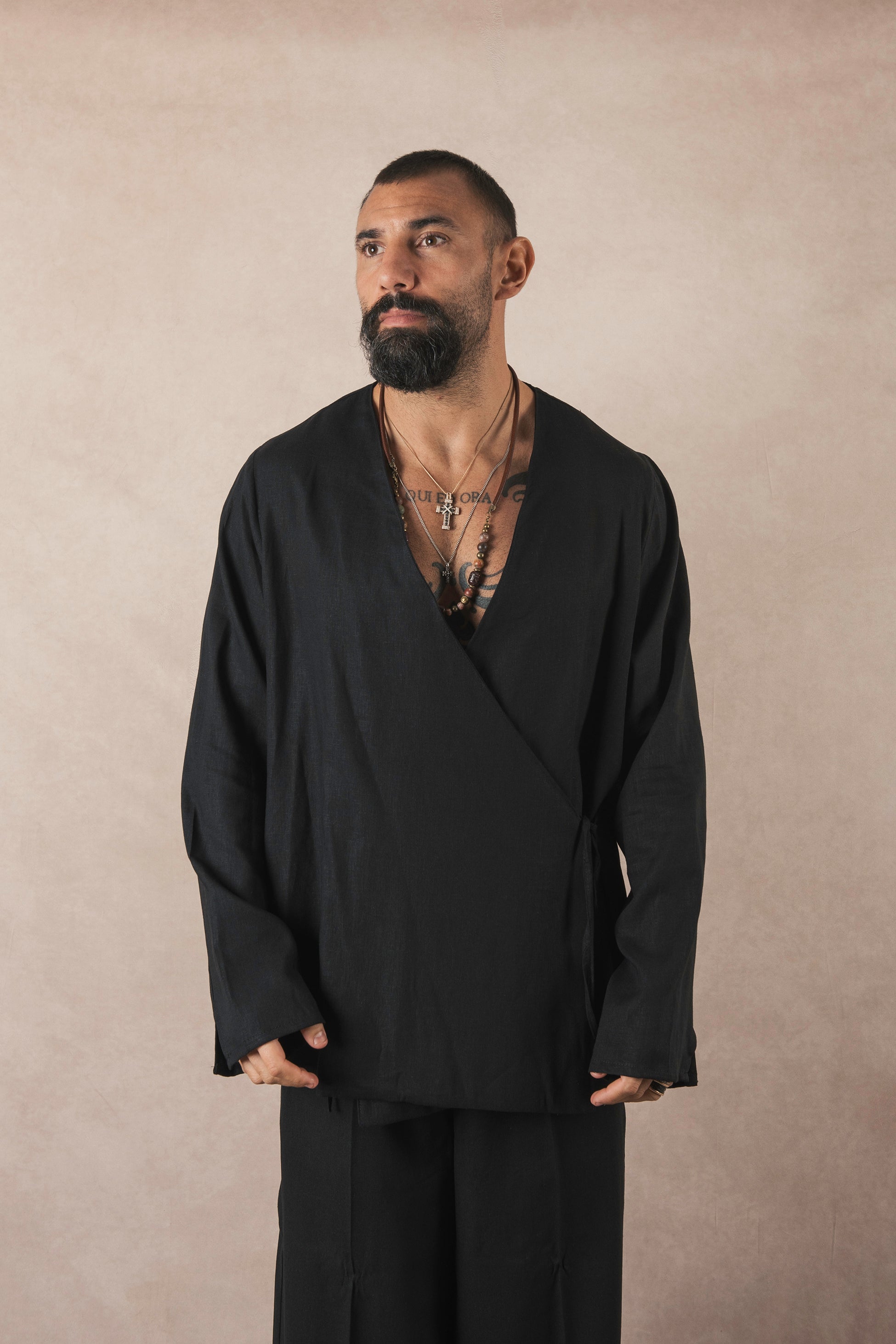Giacca Kimono In Lino Nero