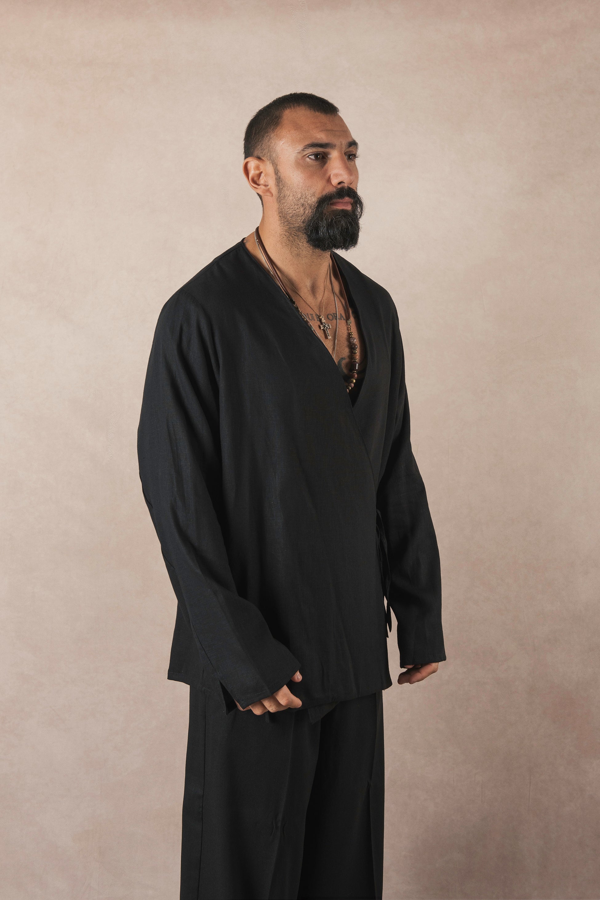 Giacca Kimono In Lino Nero