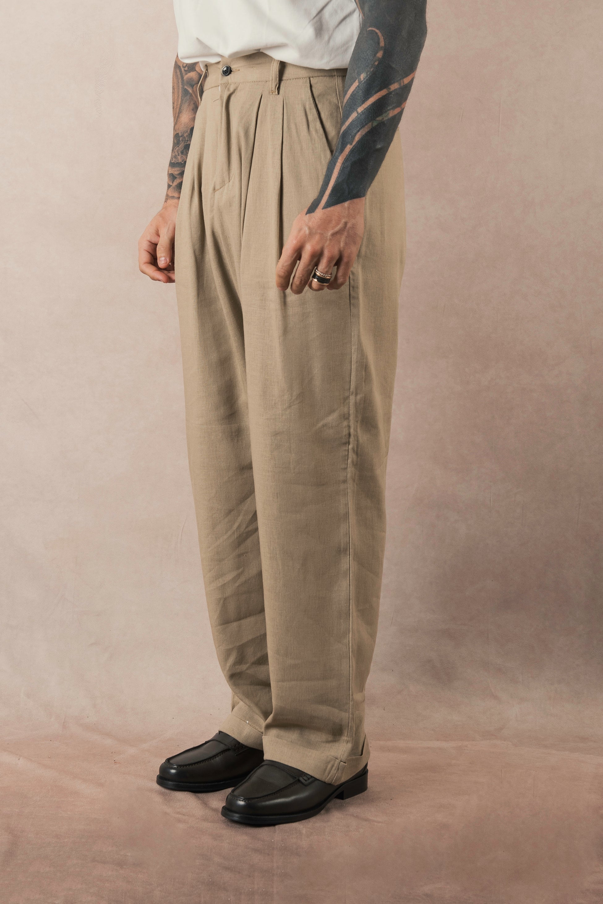 Khaki Linen Wide Leg Trousers