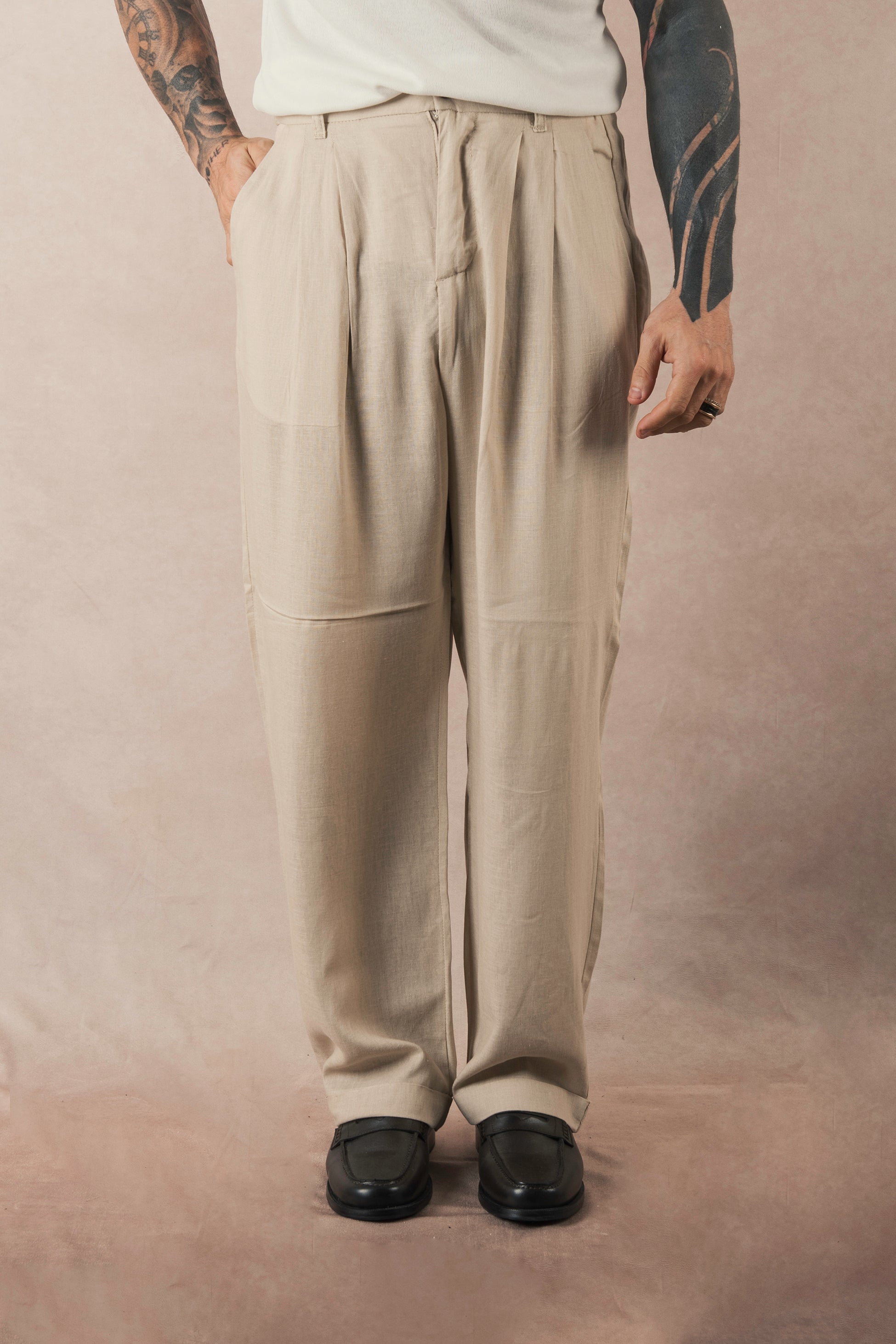 Beige Linen Wide Leg Trousers