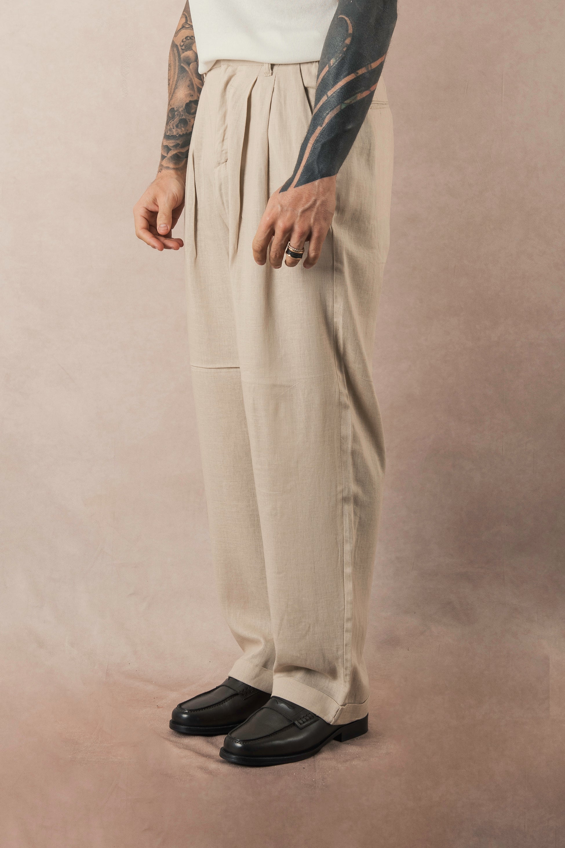 Beige Linen Wide Leg Trousers