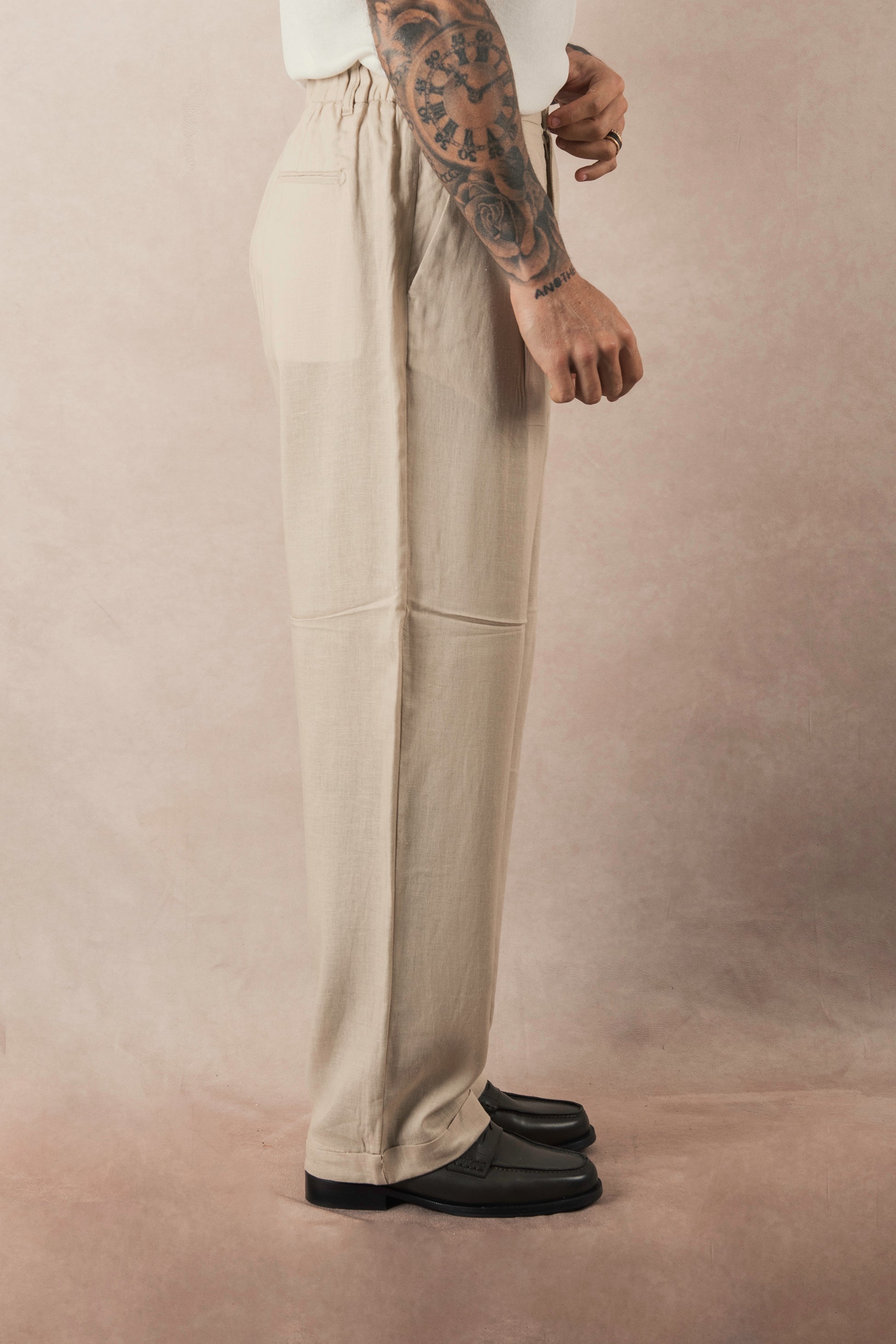 Beige Linen Wide Leg Trousers