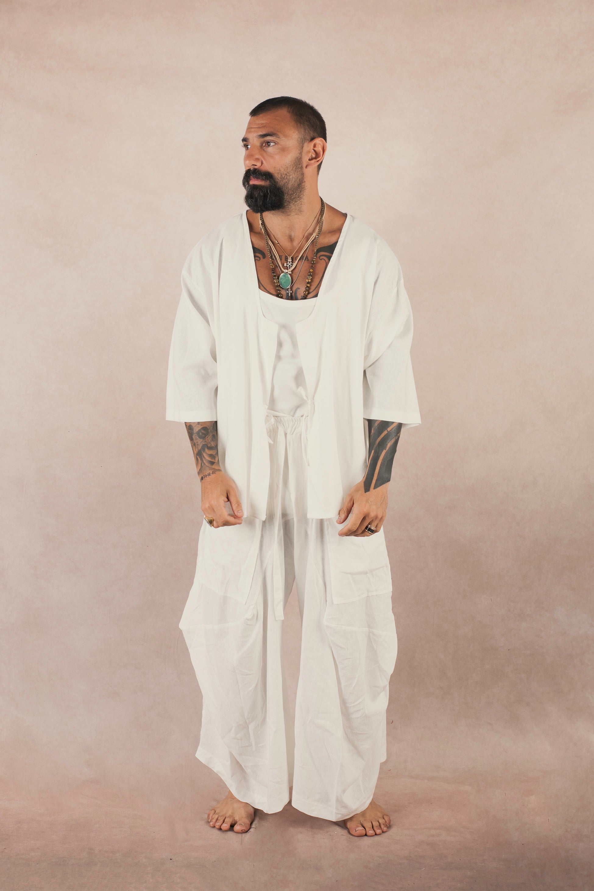 Kimono Mezza Manica In Lino Bianco