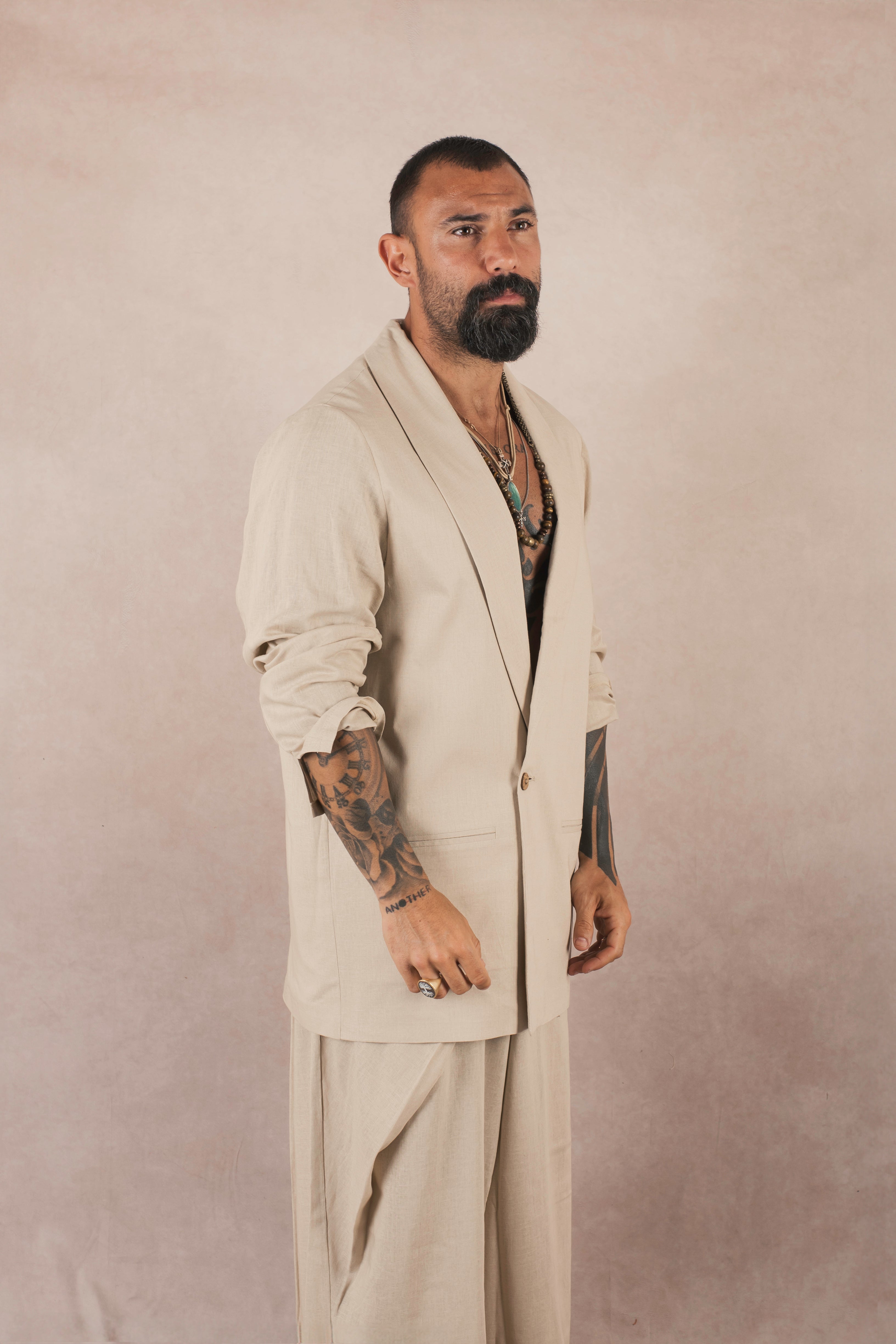 Giacca Monopetto In Lino Beige