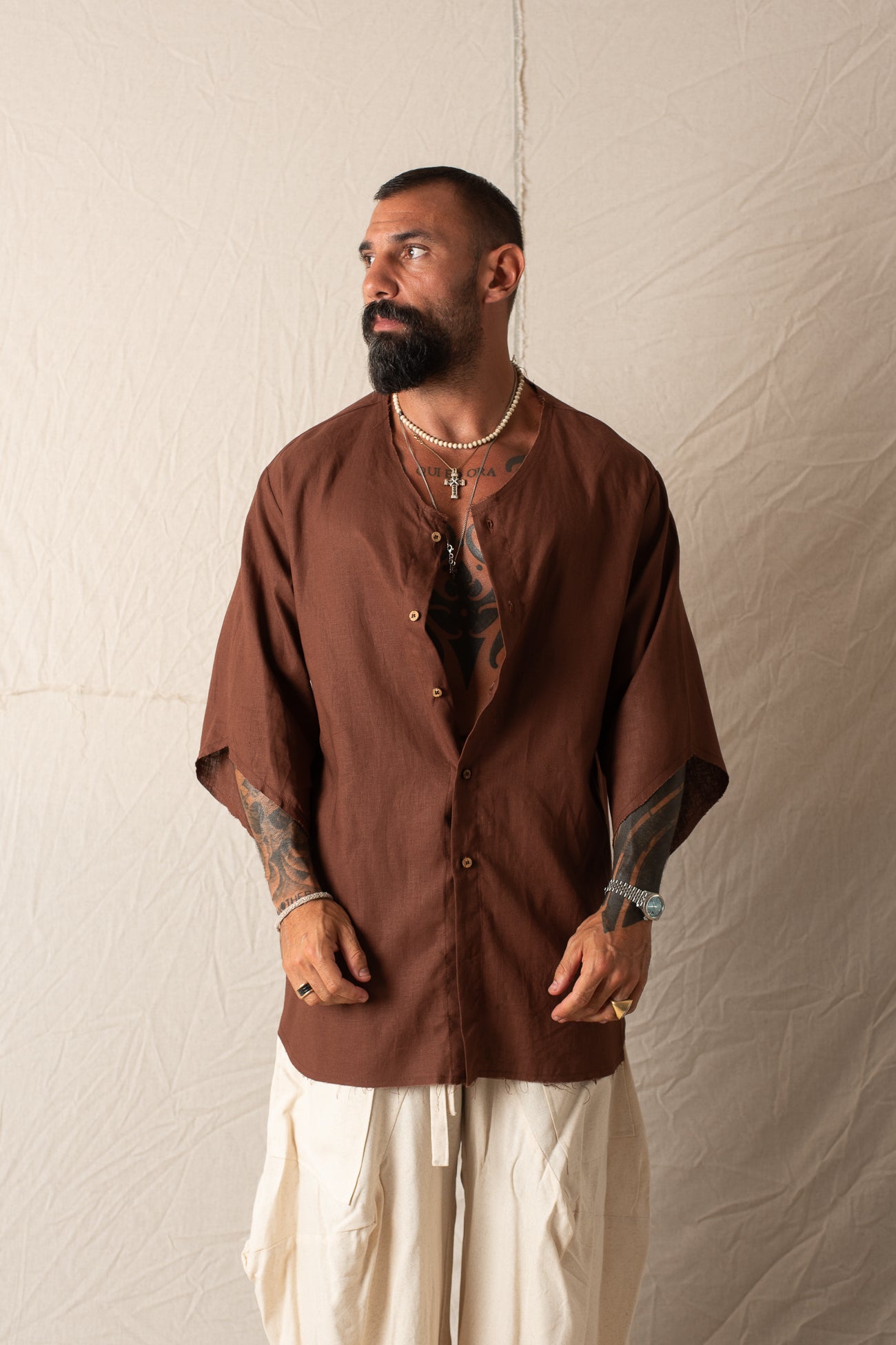 Camicia 3/4 In Lino Brown