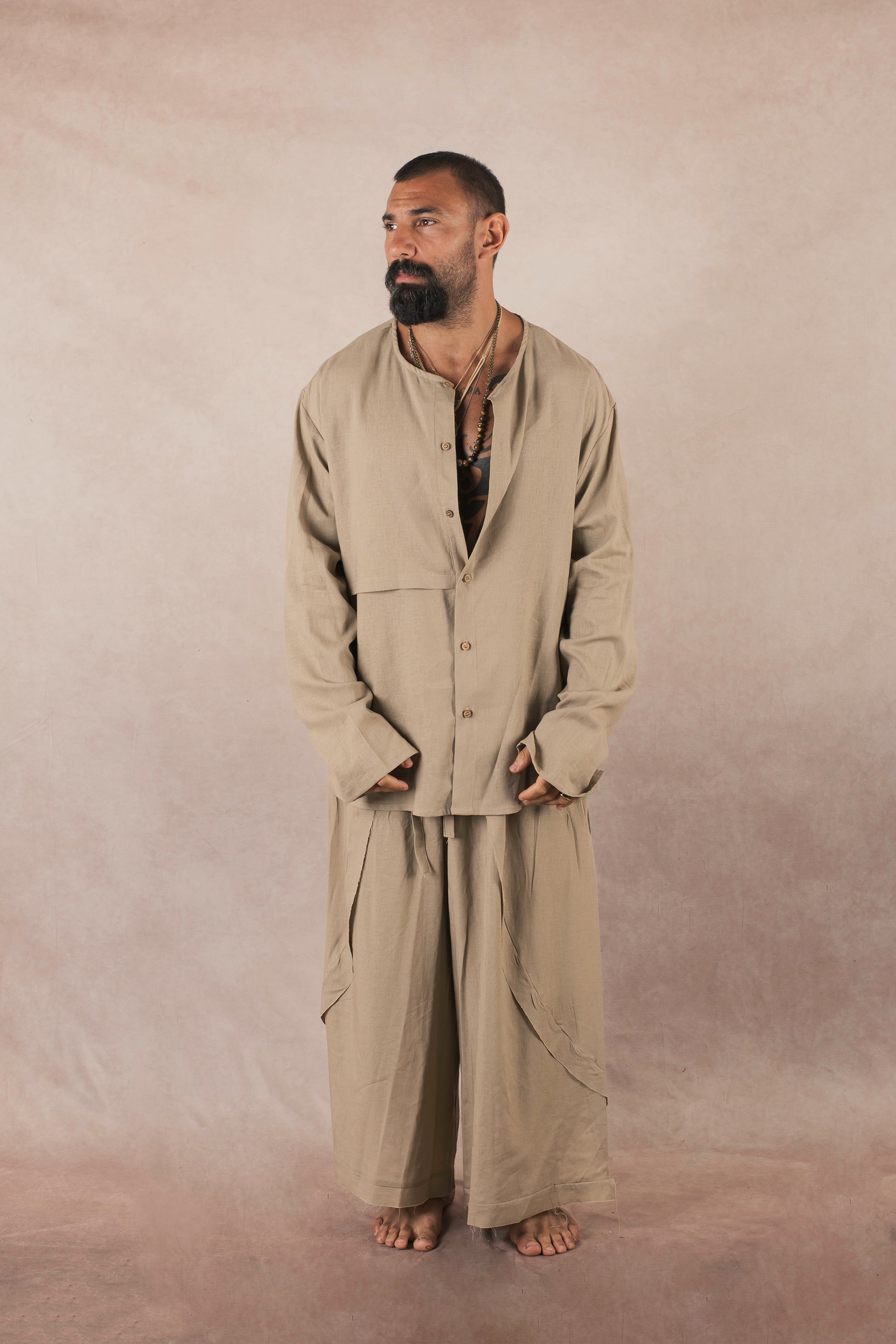 Camicia Spacco In Lino Khaki