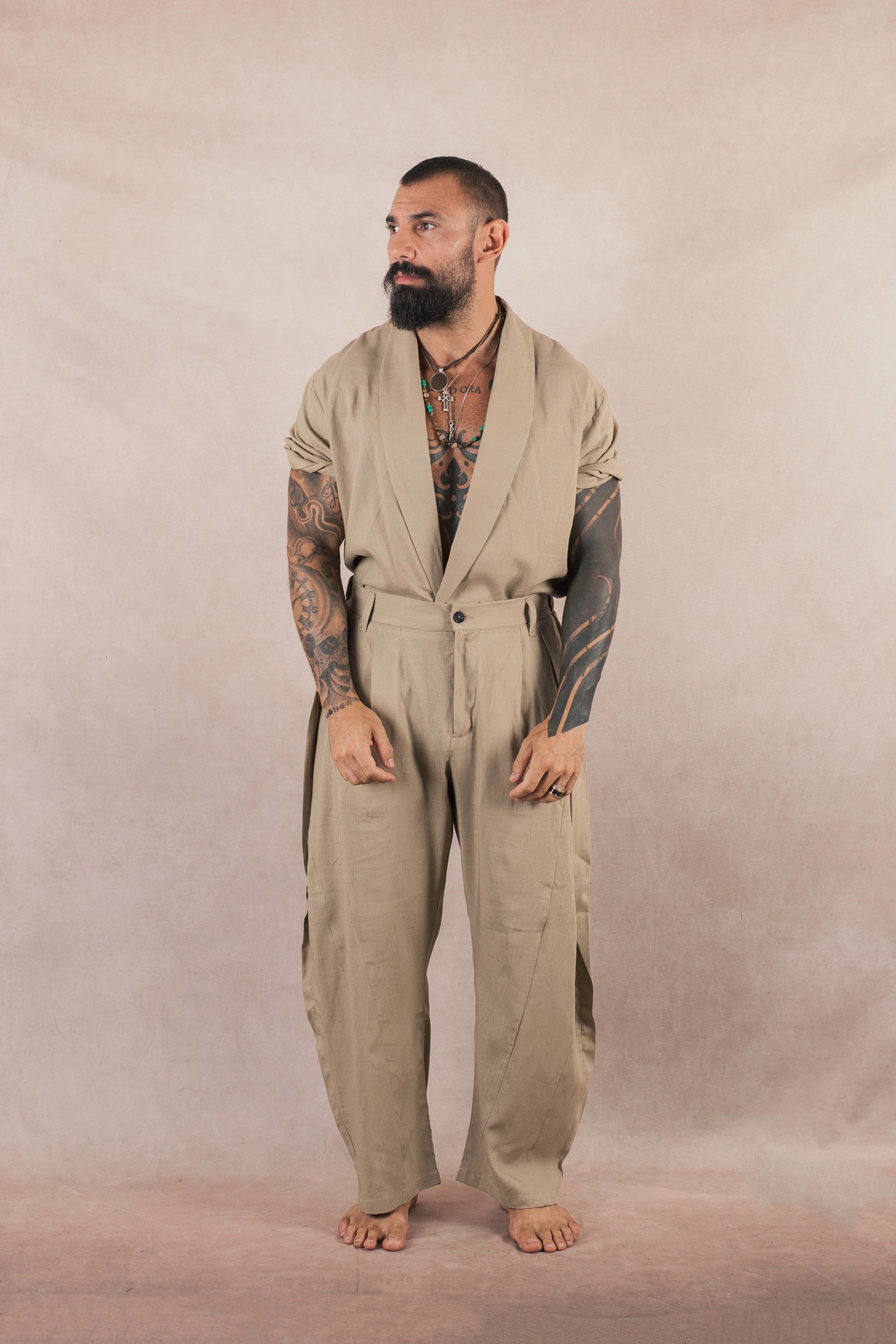 Camicia Monopetto In Lino khaki