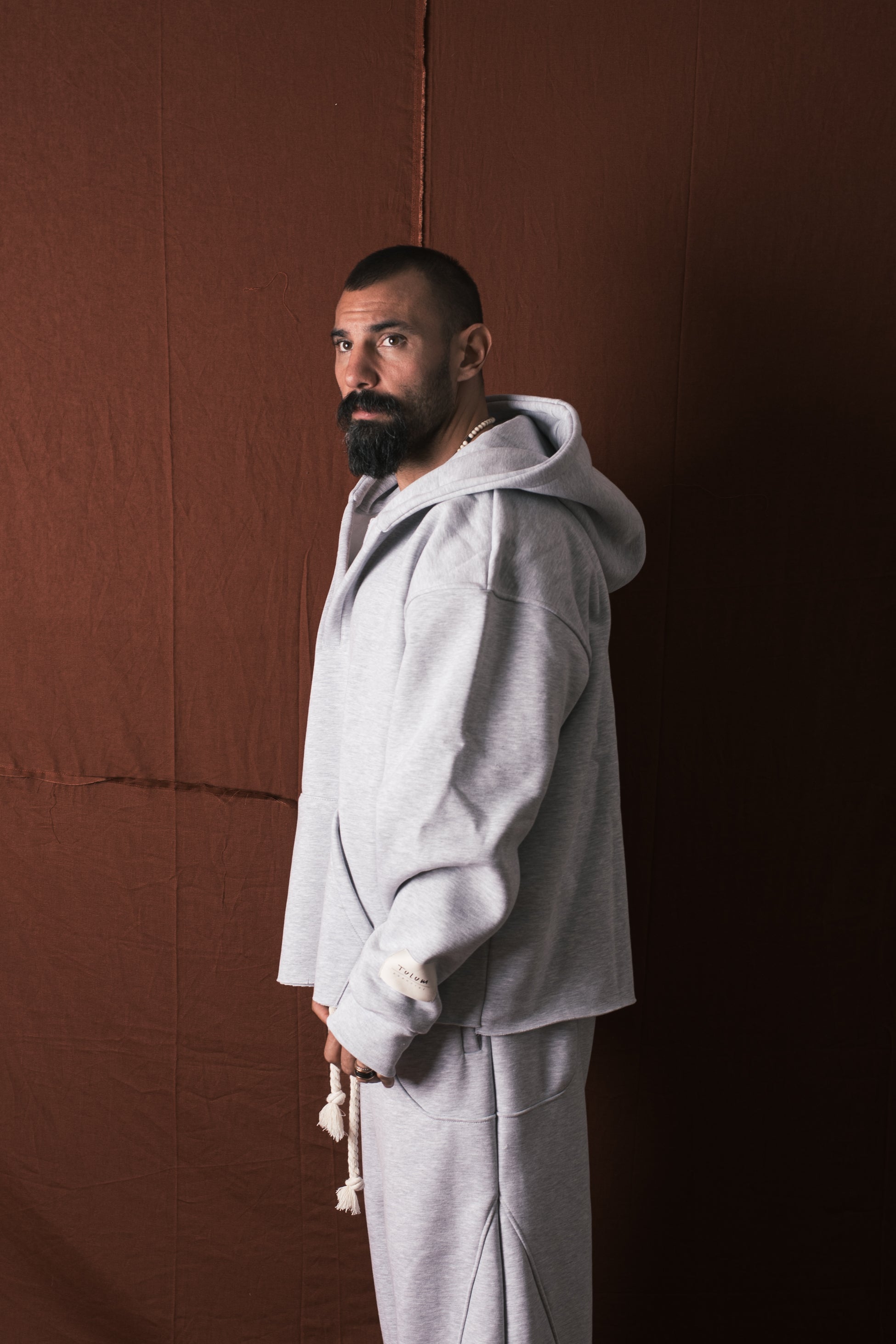 Felpa Cappuccio Collo V Grigio