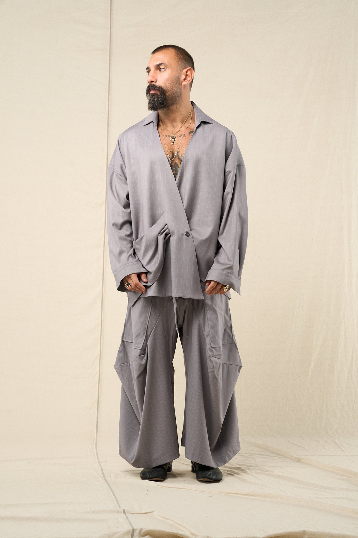 Blazer Incrocio Gessato Grigio